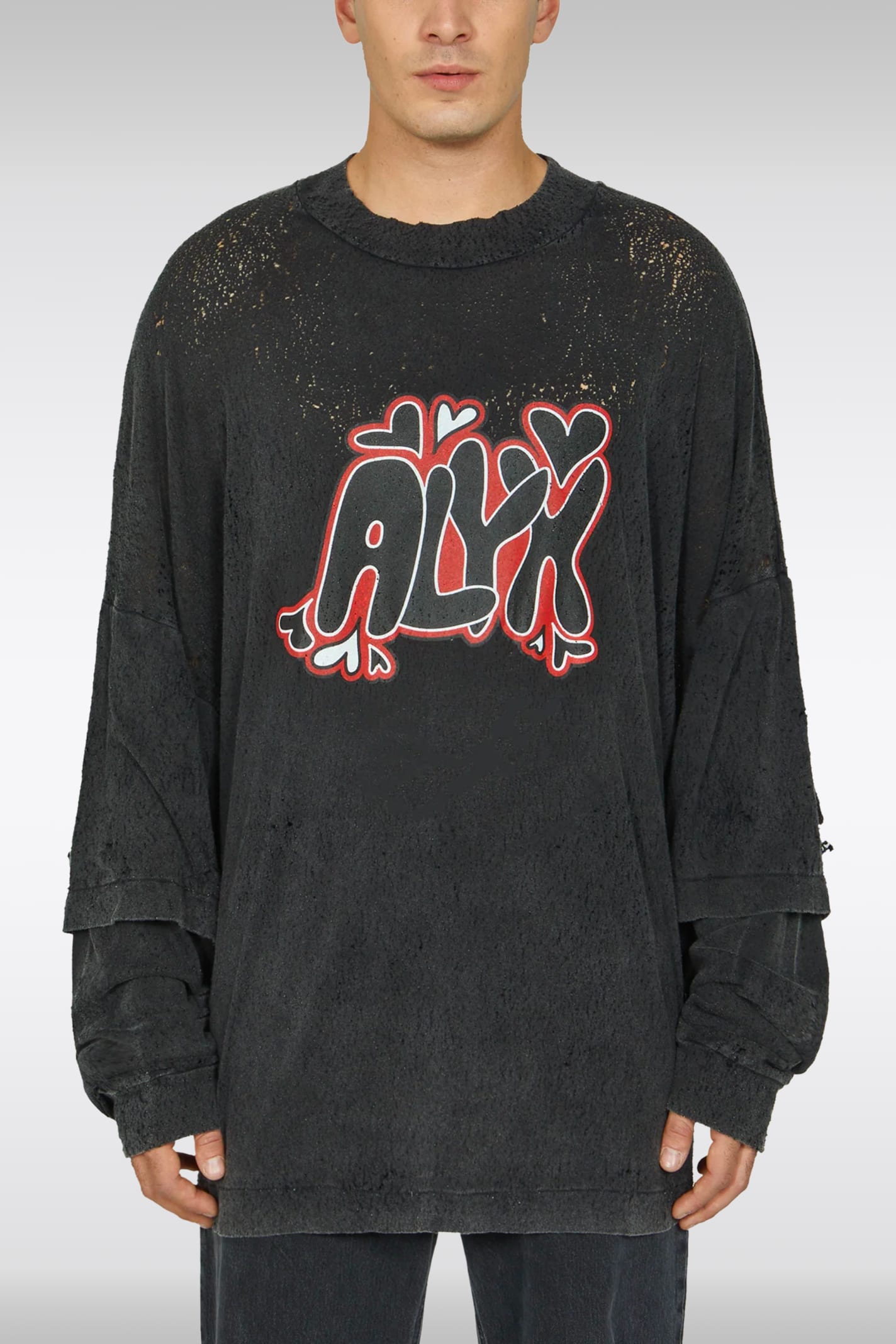 Shop Alyx Double Sleeve Needle Punch Grafic T-shirt Black Distressed Jersey Double Sleeves T-shirt With Logo - In Nero