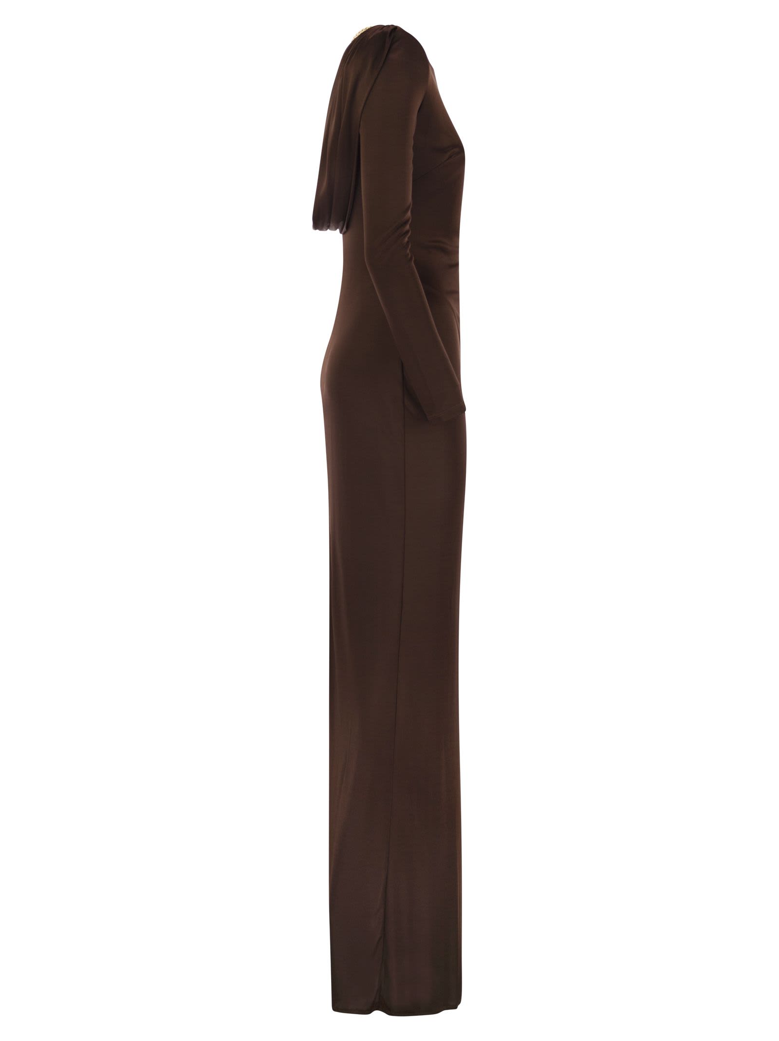 Elisabetta Franchi Red Carpet Dress In Shiny Viscose Jersey In Brown
