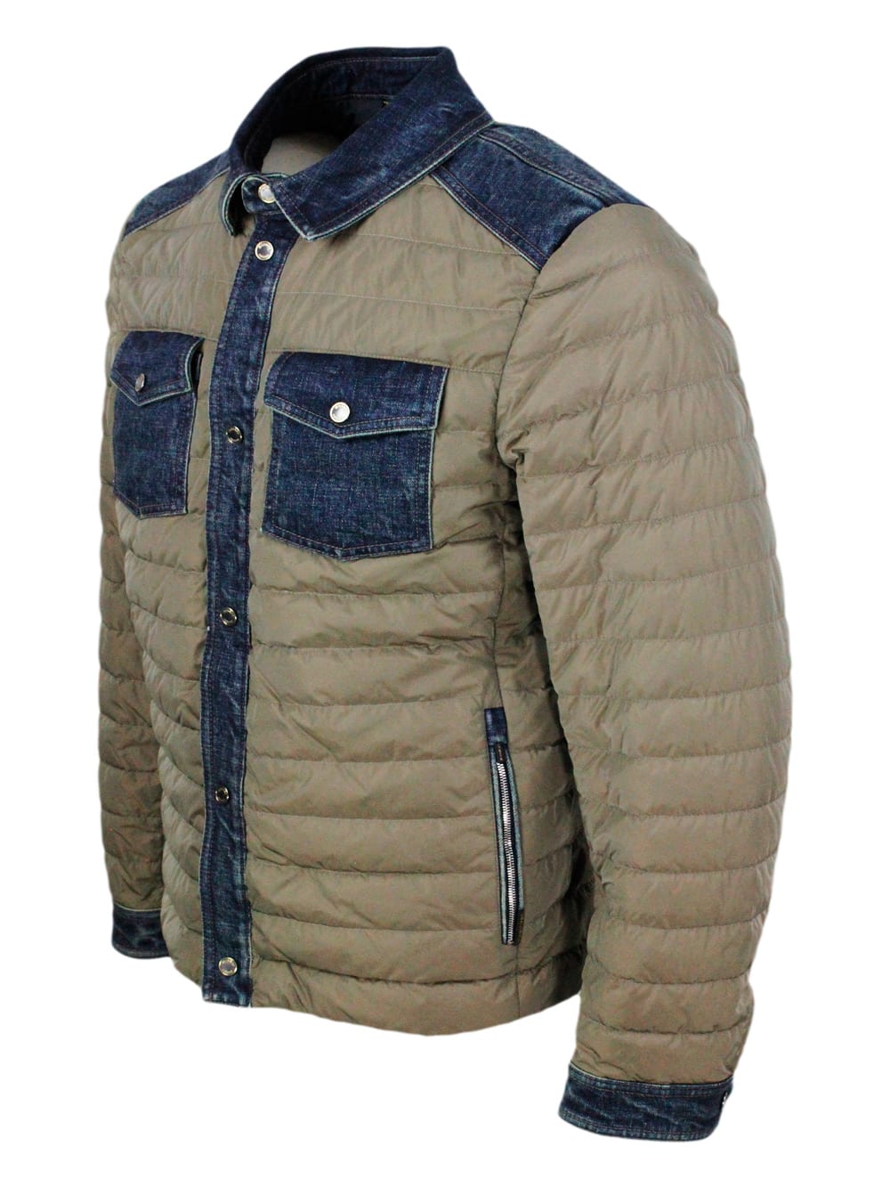 Shop Moorer 100 Gram Light Down Jacket With Denim Inserts And Details. Internal And External Side Pockets And Bu In Military