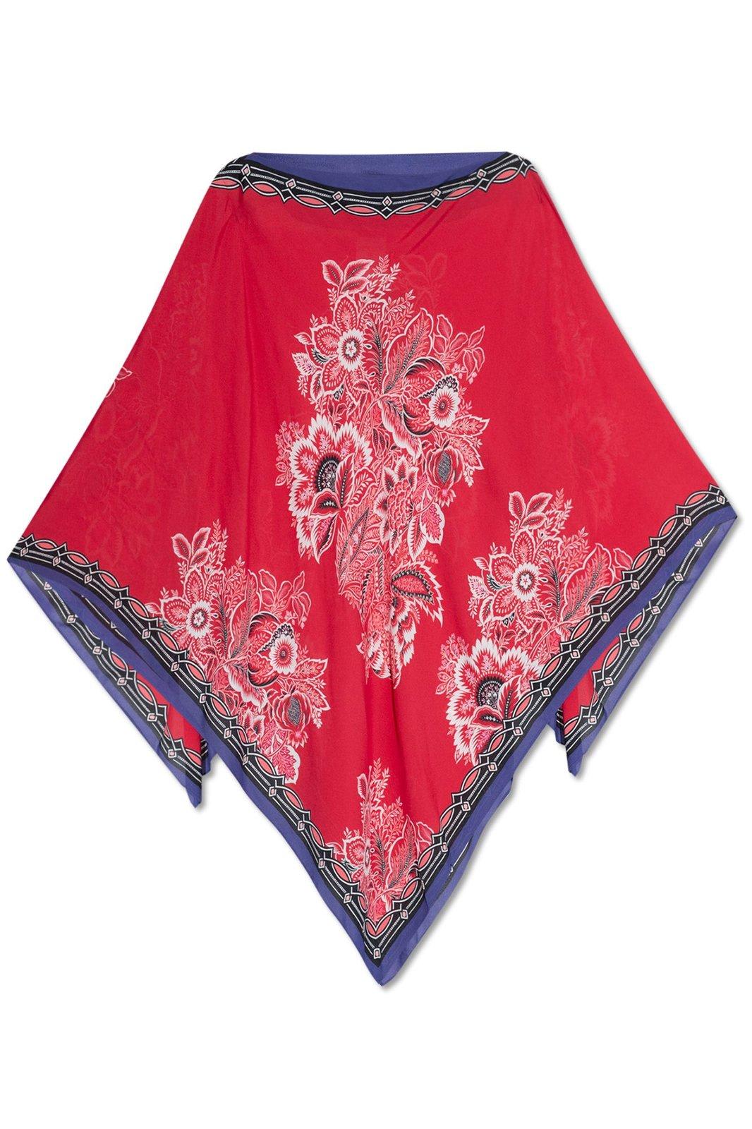 Shop Etro Floral Printed Asymmetric Poncho In Red