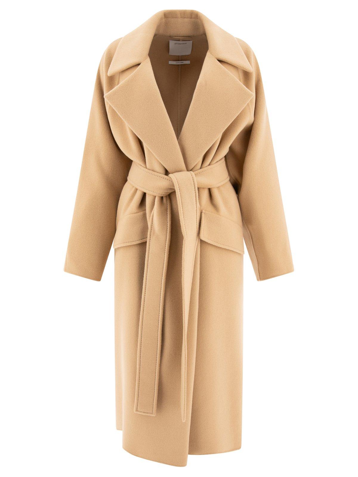 Shop Sportmax Orense Belted Long-sleeved Coat In Beige