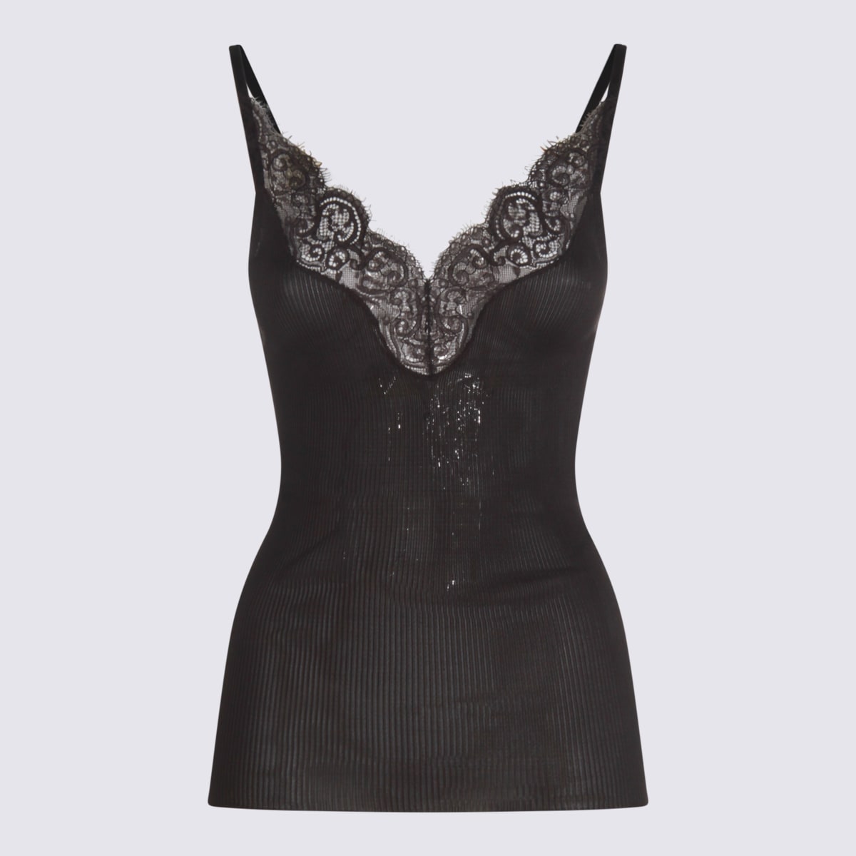 Saint Laurent Laced Tank Top In Ribbed Silk Jersey In Black