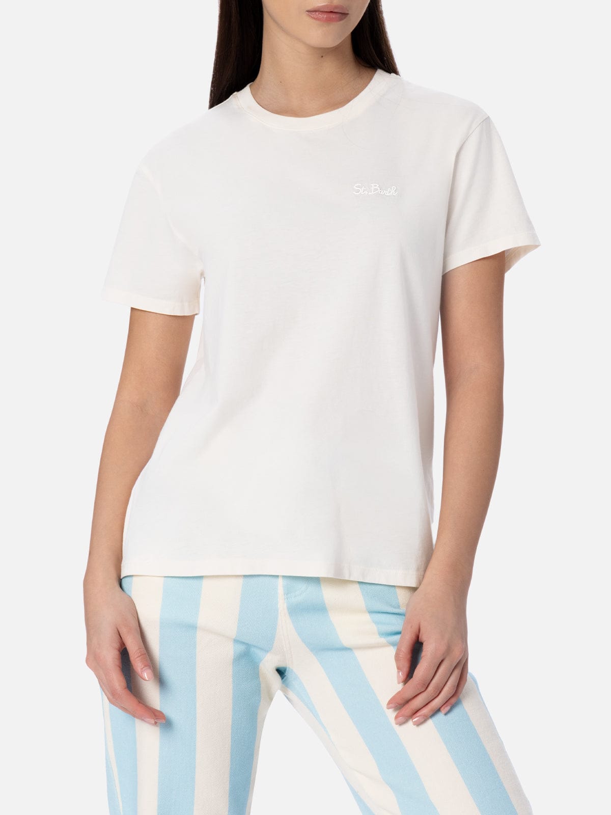Mc2 Saint Barth Woman Off-white Cotton Jersey Crewneck T-shirt Emilie In White