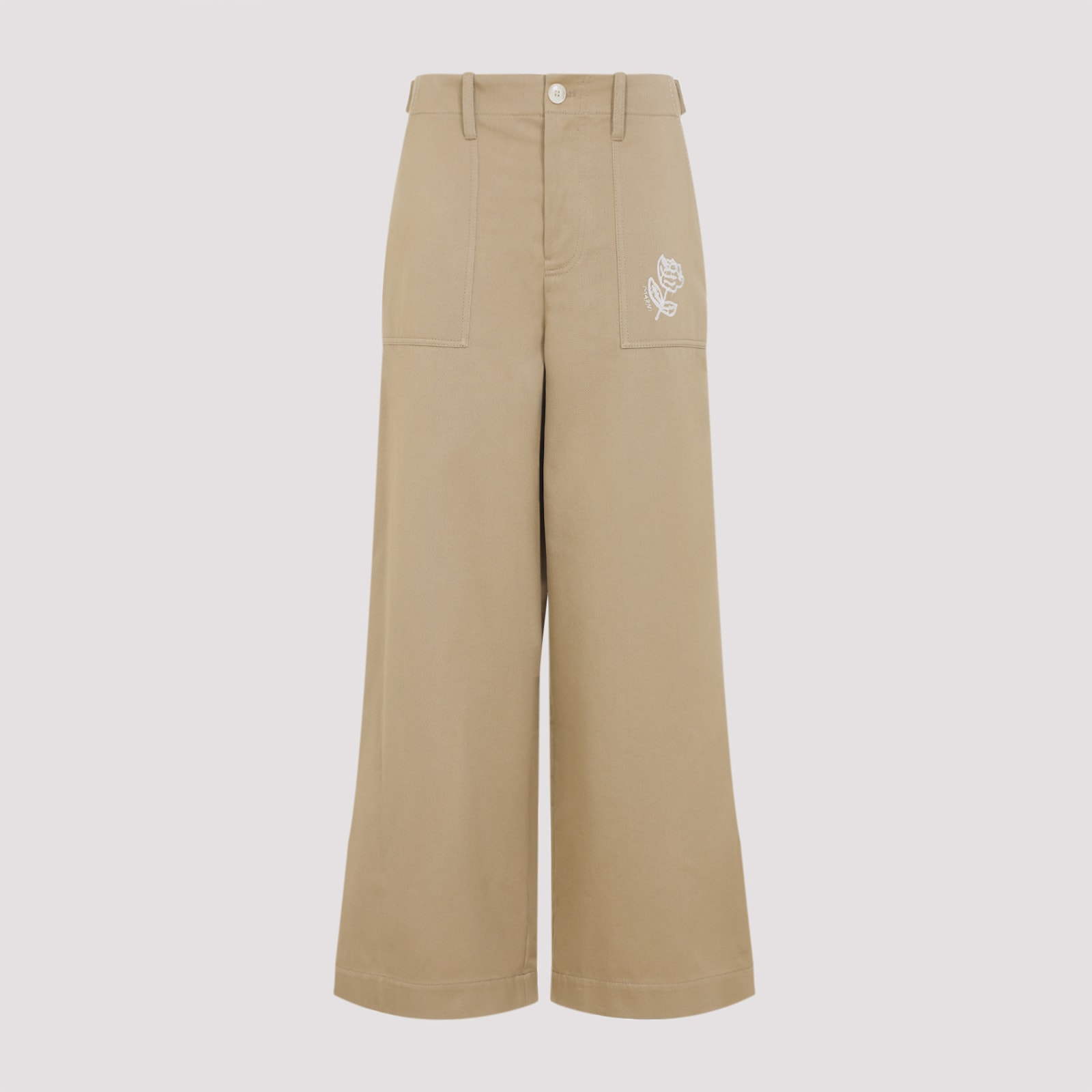 Marni Rose Embroidered Cotton Gabardine Pants In Brown