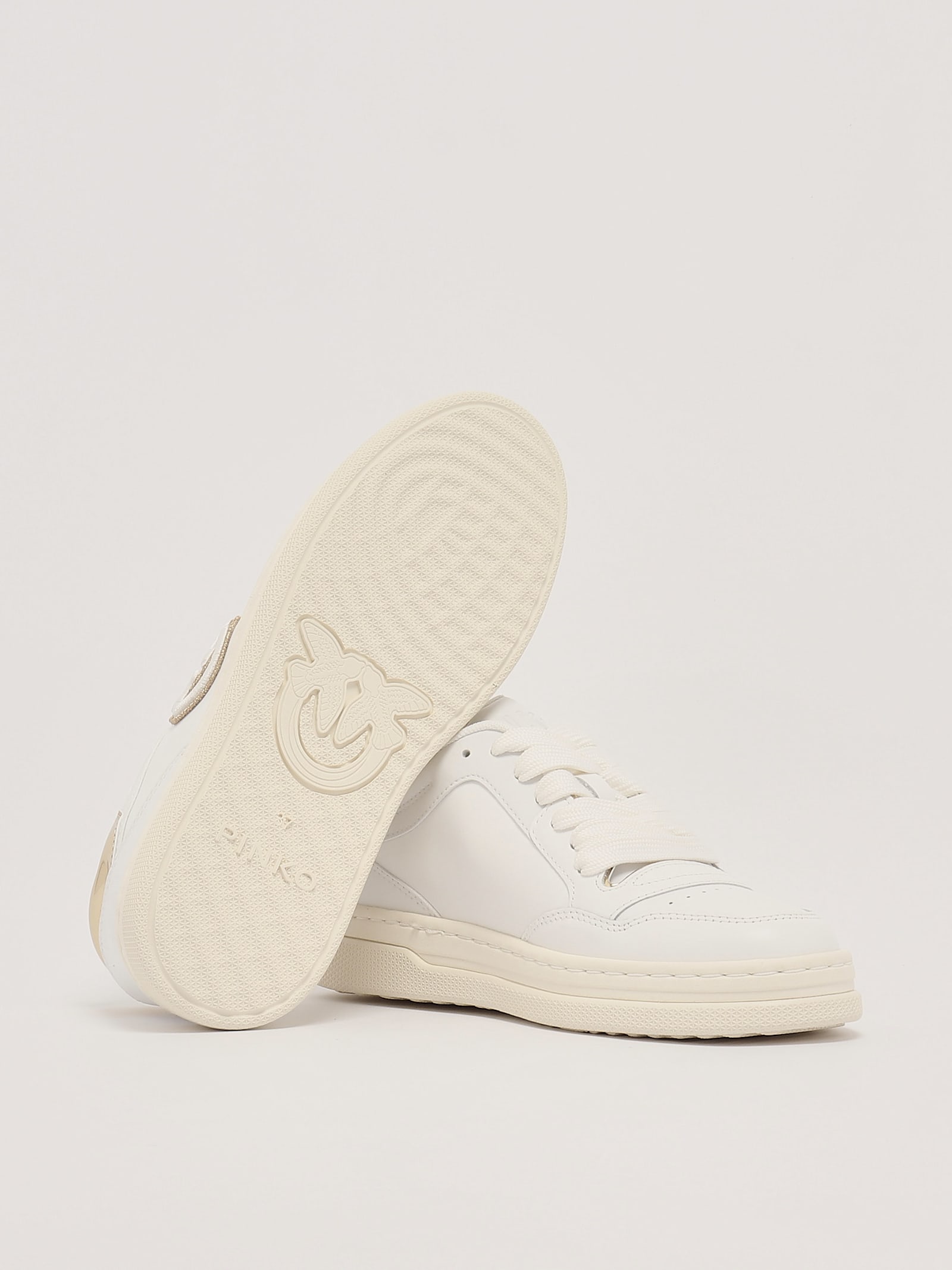 Pinko Logo-embroidered Leather Sneakers In Bianco-platino