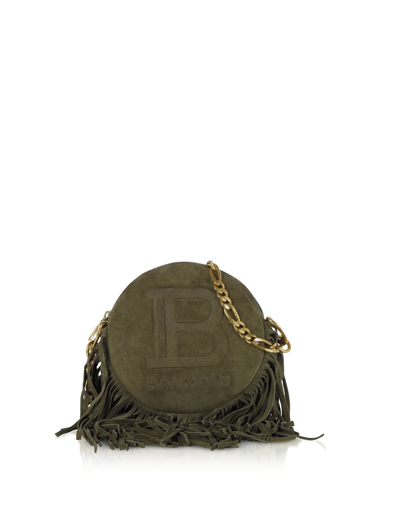 Balmain Suede Leather And Fringes 18 Disco Bag In Khaki