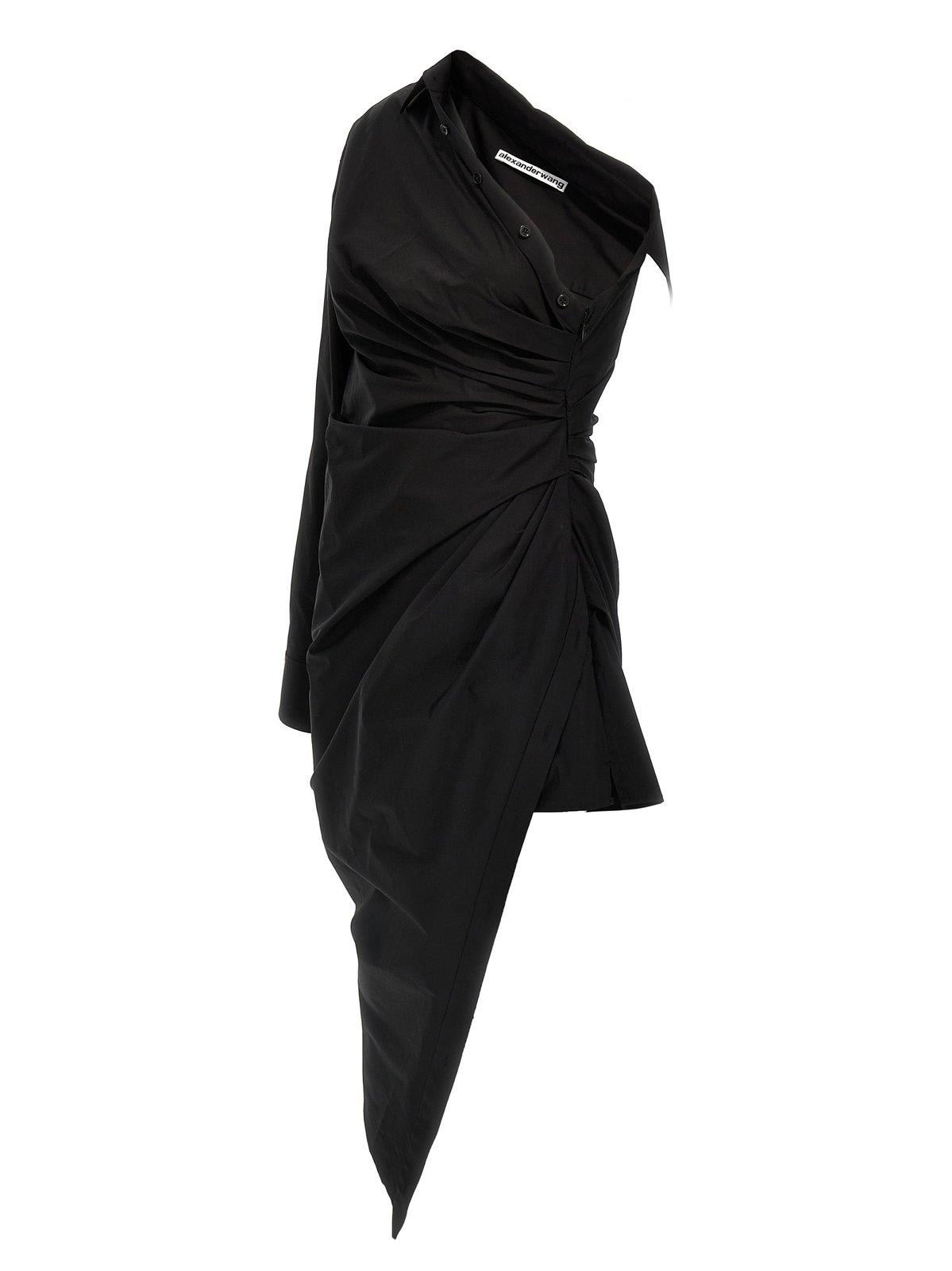 Alexander Wang Asymmetrical Ruched Poplin Dress In Black