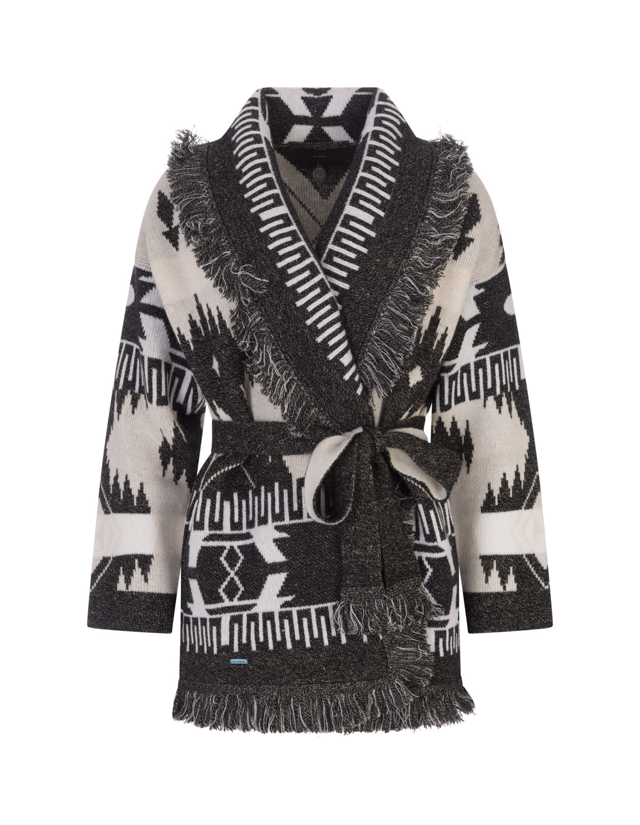 Alanui Black And Beige Cashmere And Linen Icon Cardigan With Fringes