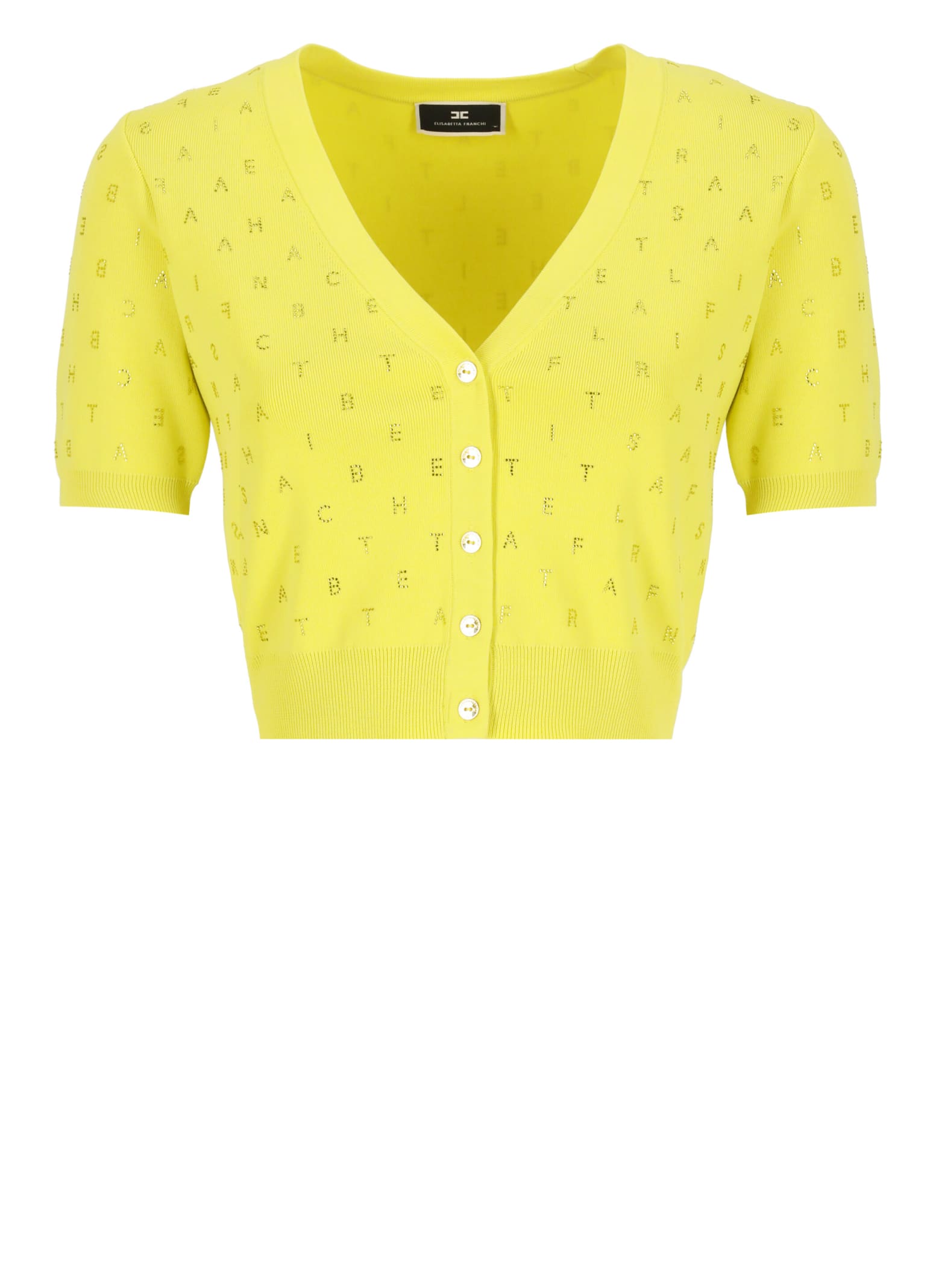 Shop Elisabetta Franchi Cardigan With Strass Lettering In Yellow