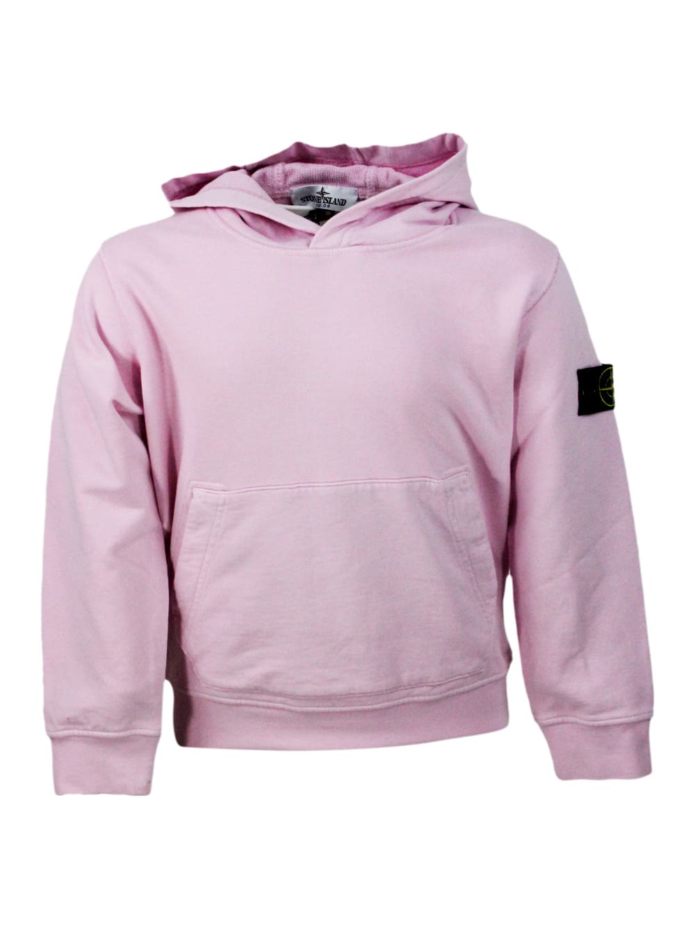 Stone Island Junior Kids' Cotton Sweatshirt With Hood, Kangaroo Pockets And Logo On The Sleeve In Pink