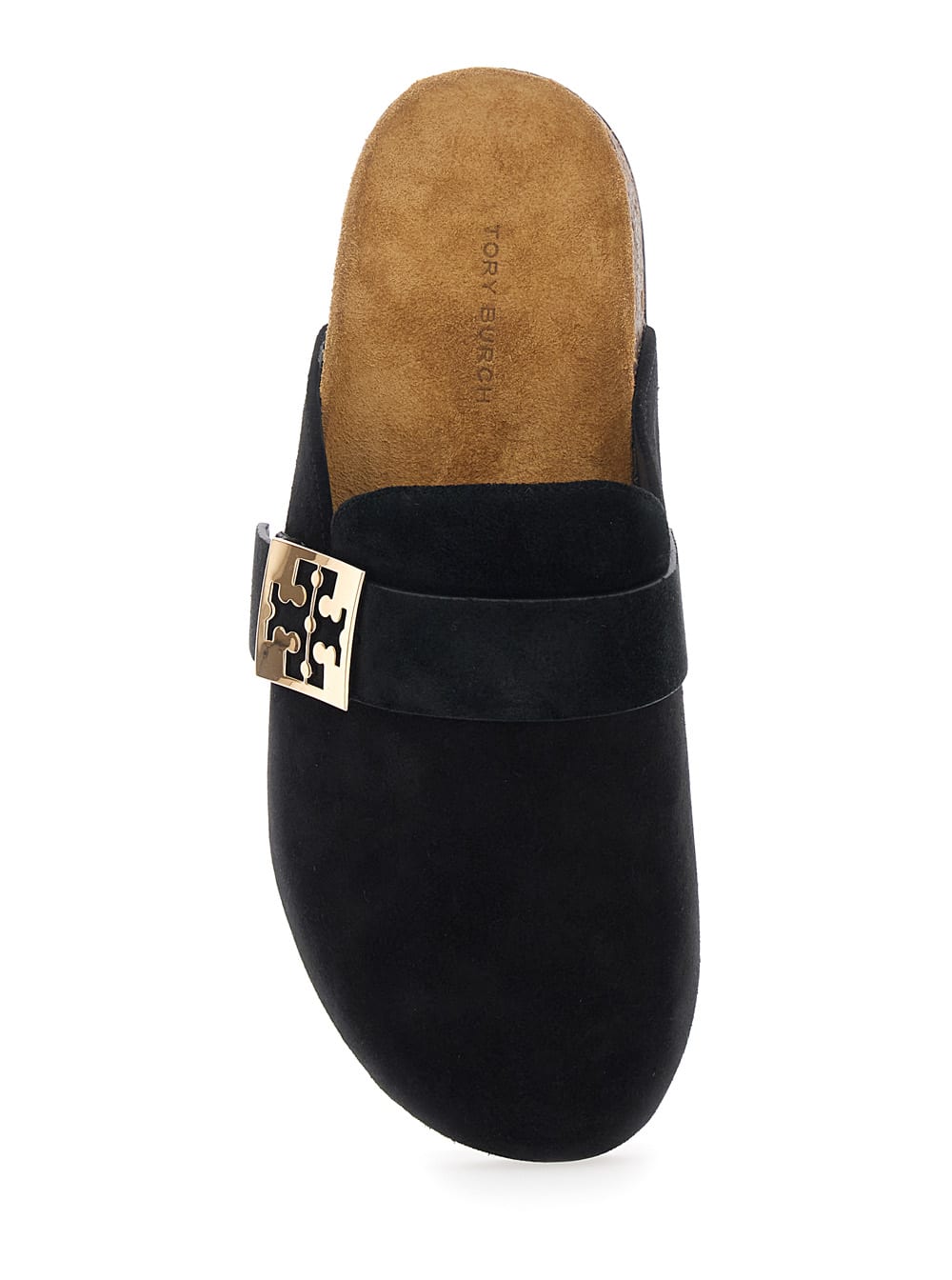 Tory Burch Mellow Black Slip-on Mule With Metallic Logo Buckle In Suede Woman