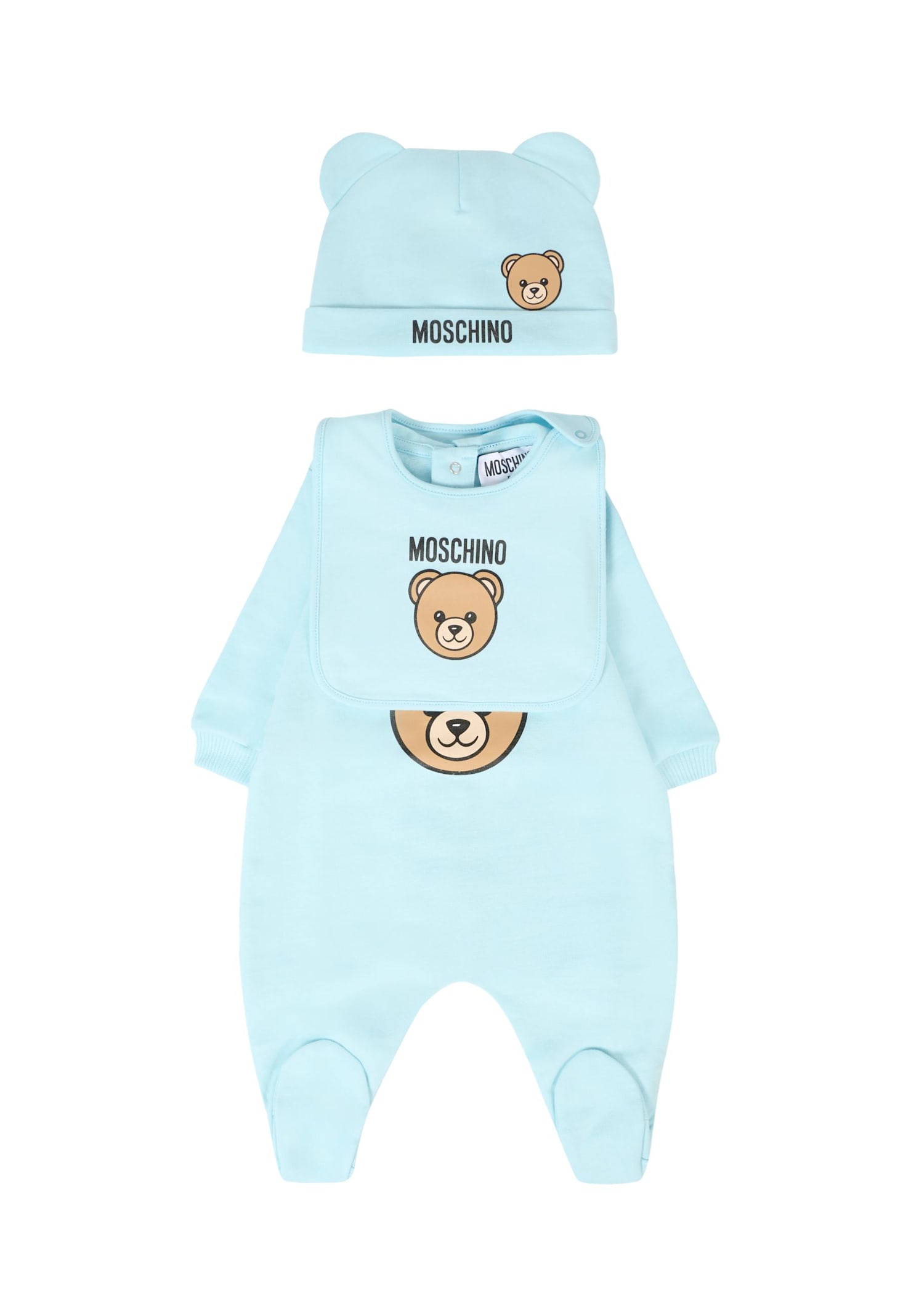 Moschino Light Blue Baby Set For Baby Boy With Teddy Bear In Blue