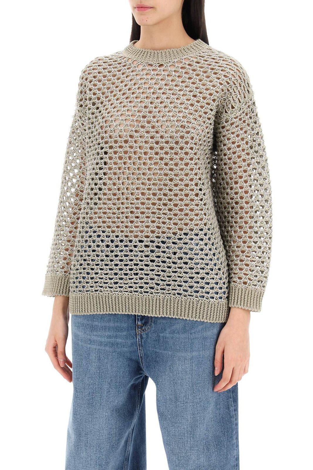 Valentino Sequin-embellished Metallic Open-knit Linen-blend Sweater In Ecru/silver