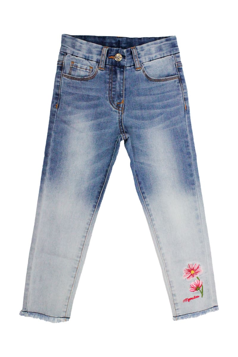 Monnalisa 5-pocket Trousers In Degradé Denim With Embroidery