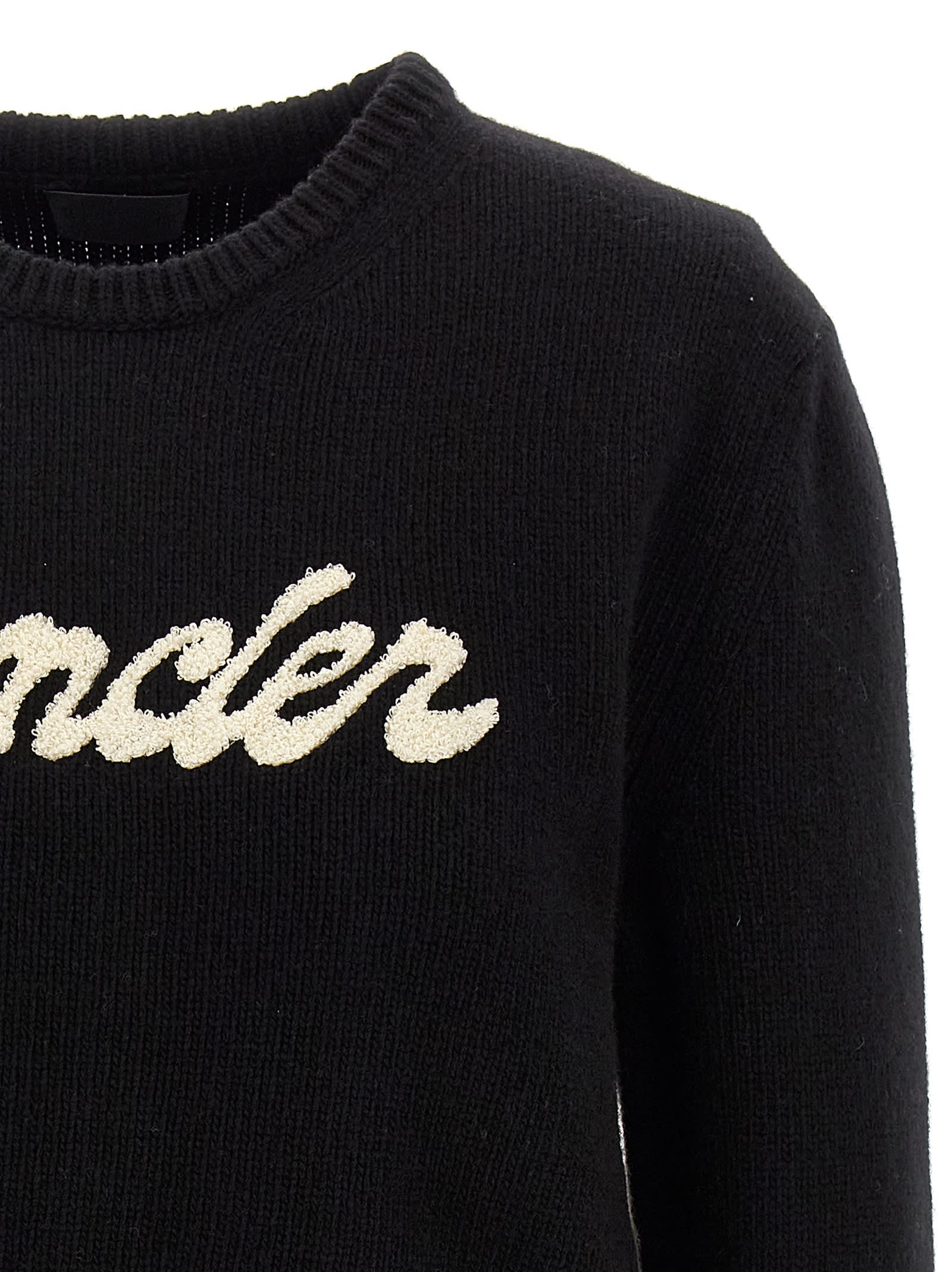 Moncler Embroidered Logo Wool Blend Sweater In Black