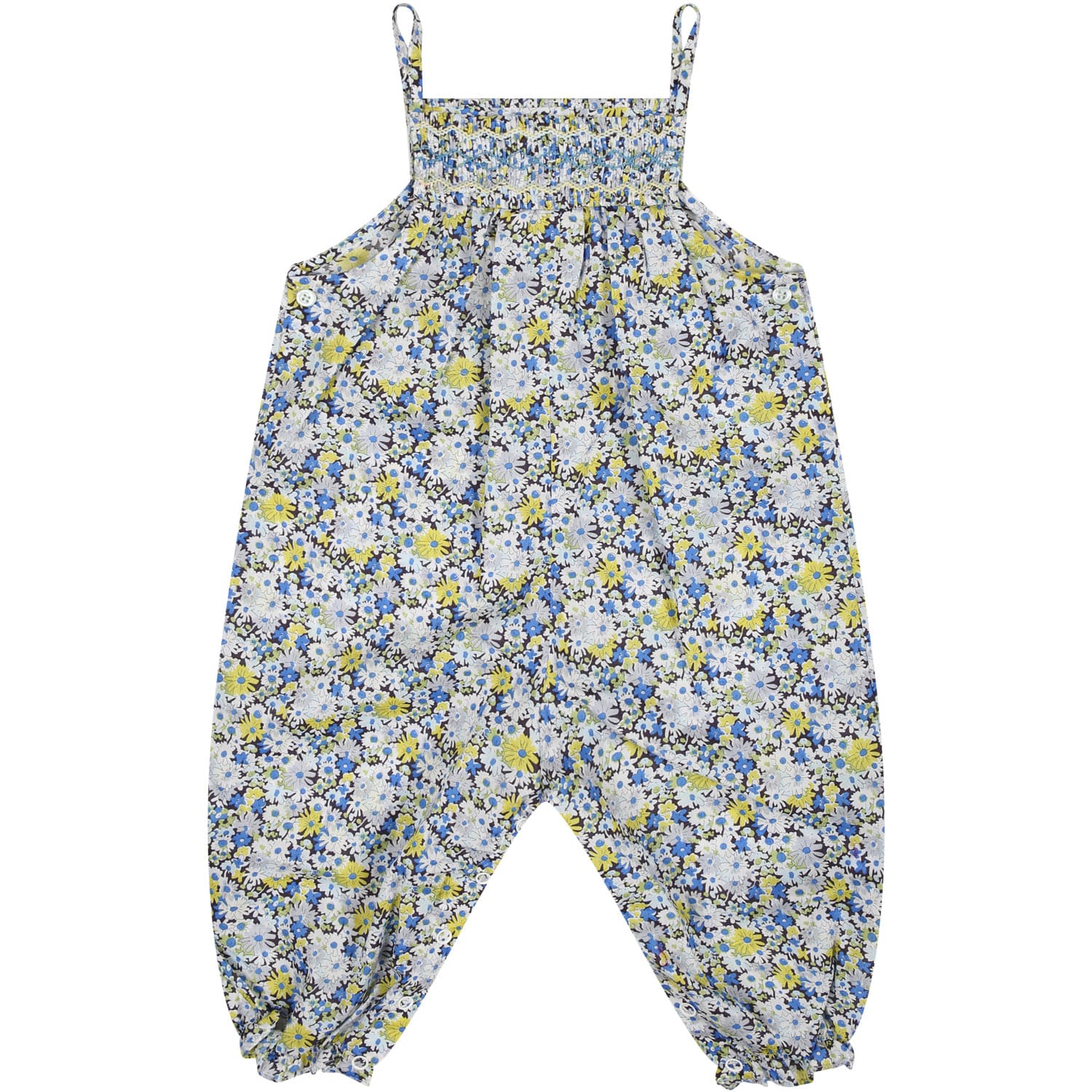 Bonpoint Light Blue Dungarees For Baby Girl Witn Floral Print
