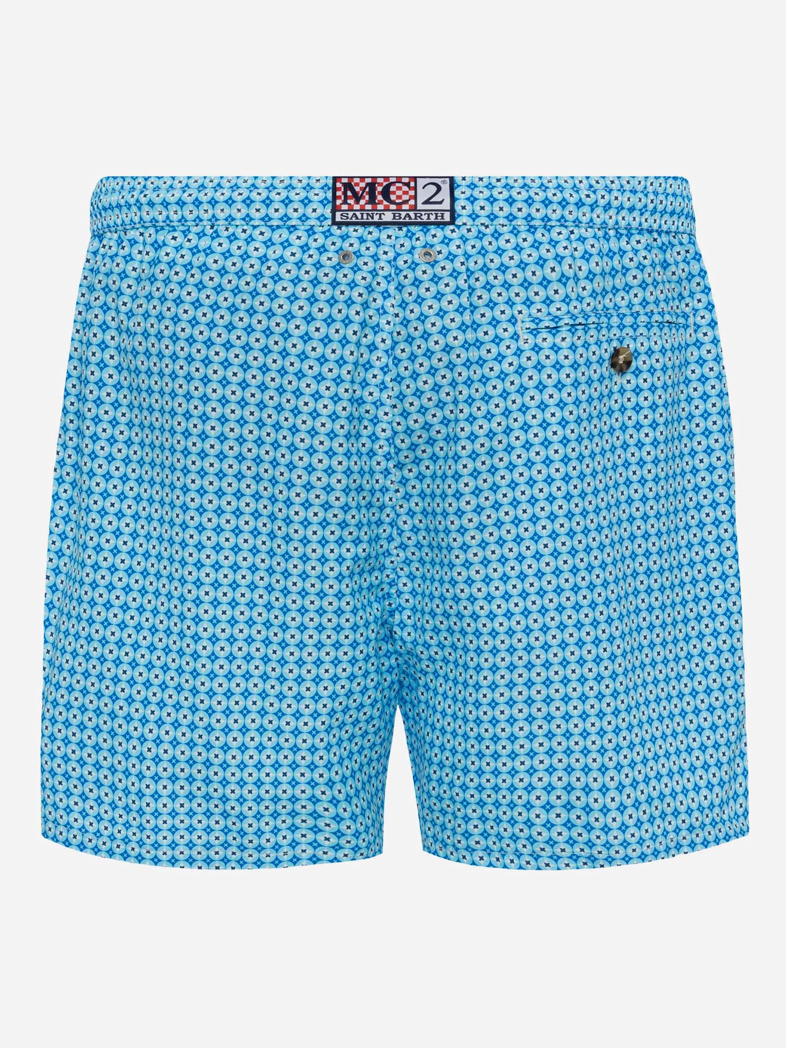 Mc2 Saint Barth Lightweight Fabric Swim Shorts Lighting With Sporty Geometric Print In Sky