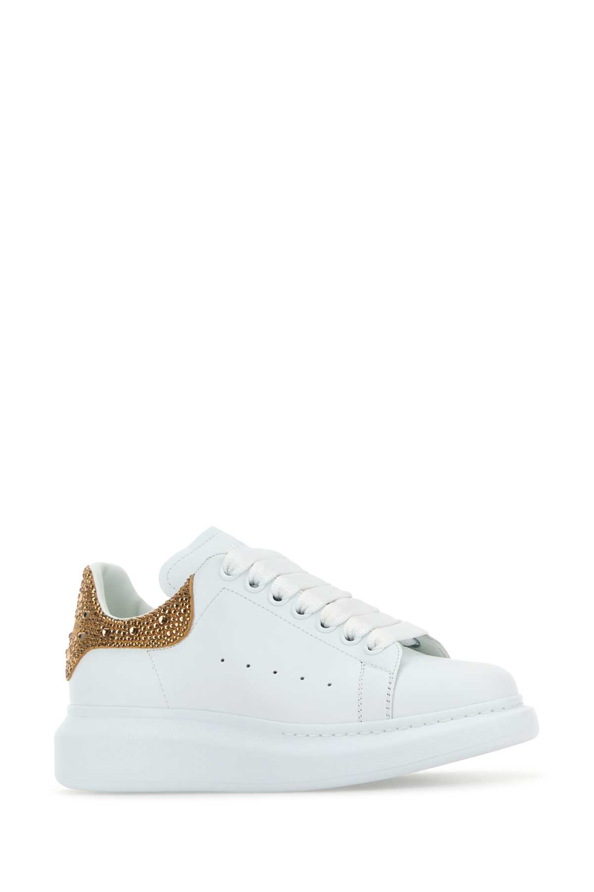 Alexander Mcqueen Women White Leather Sneakers With Embellished Suede Heel In White