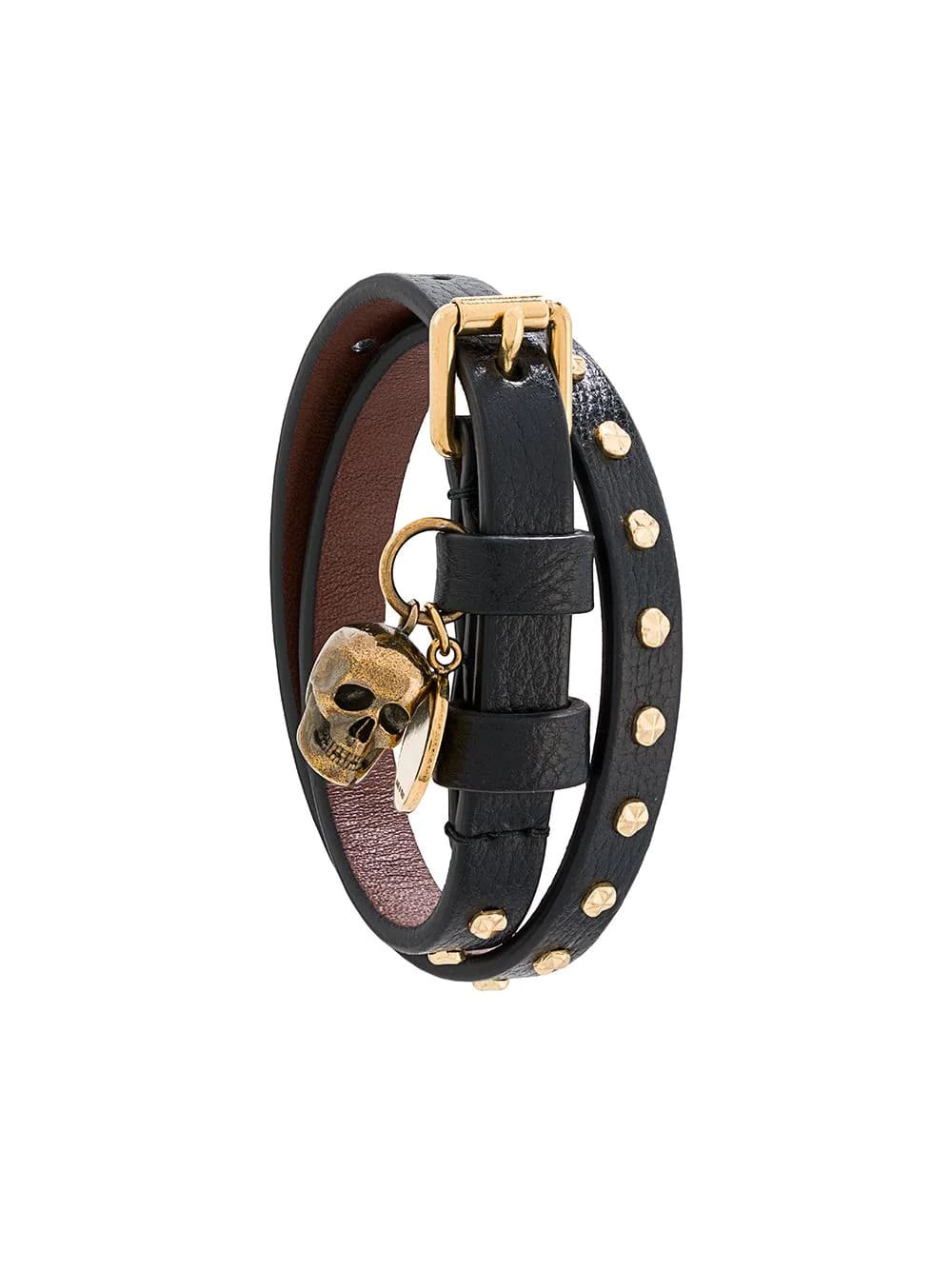 Alexander McQueen Man Double-wrap Bracelet In Black Leather With Golden Skull And Studs
