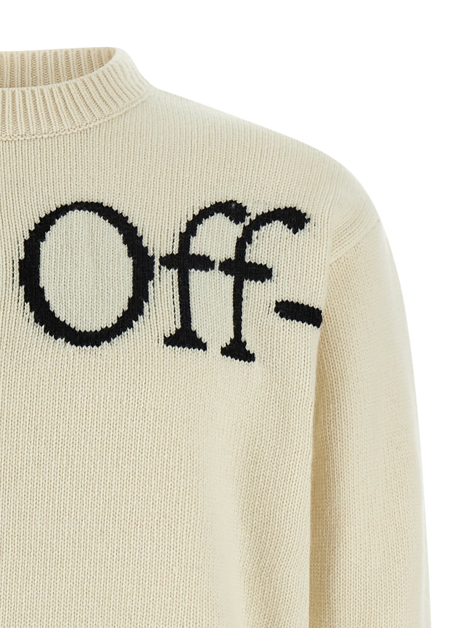 Off-white Ribbed Collar And Cuffs Knit Sweater In White