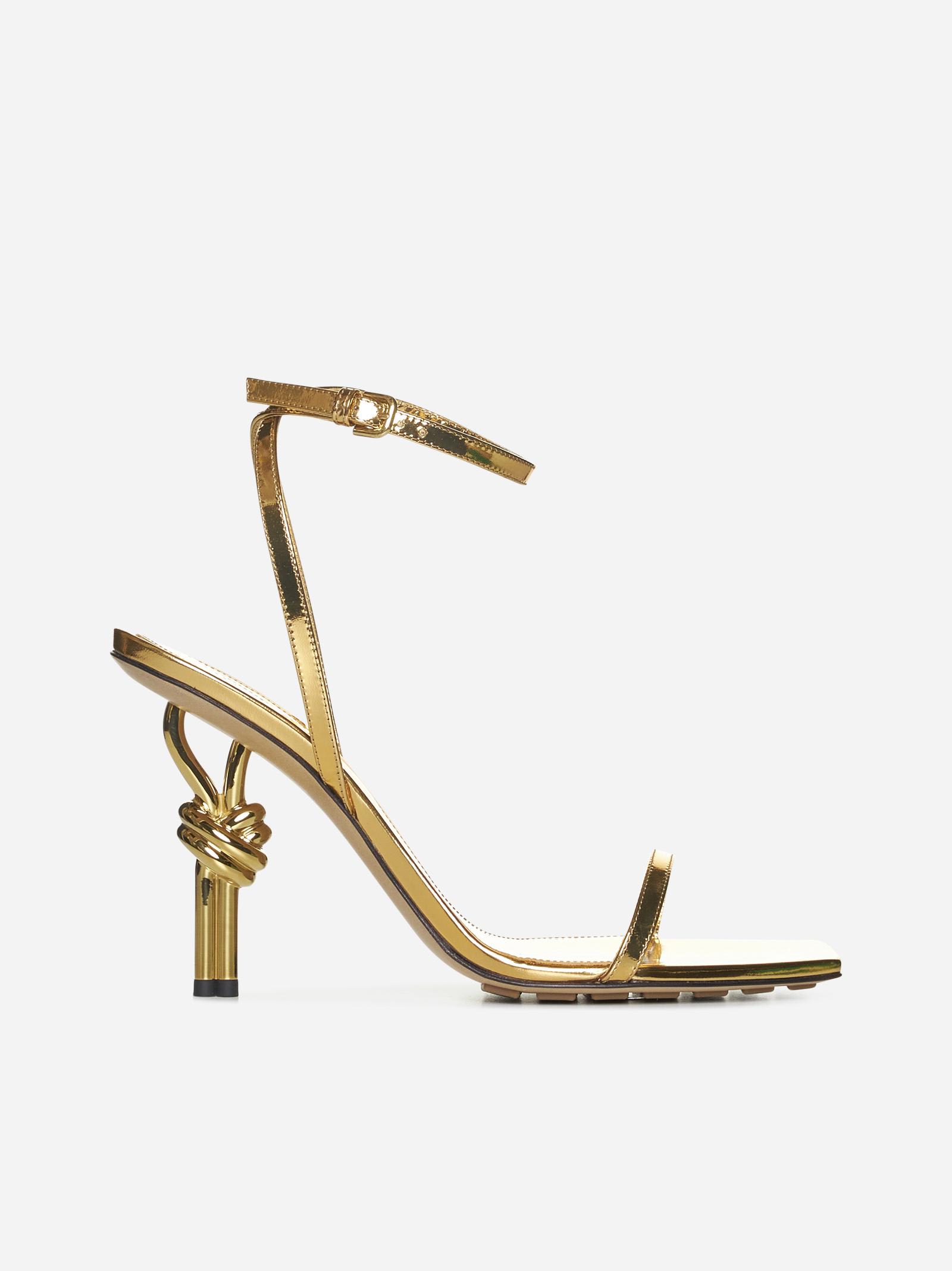 Shop Bottega Veneta Ankle Wrap Metallic Sandals In Golden