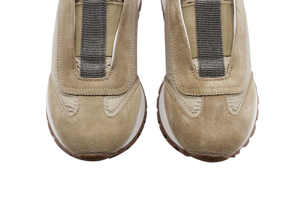 Shop Brunello Cucinelli Runner Shoe In Suede And Taffeta Embellished With Threads Of Brilliant Monili In Beige - Dove
