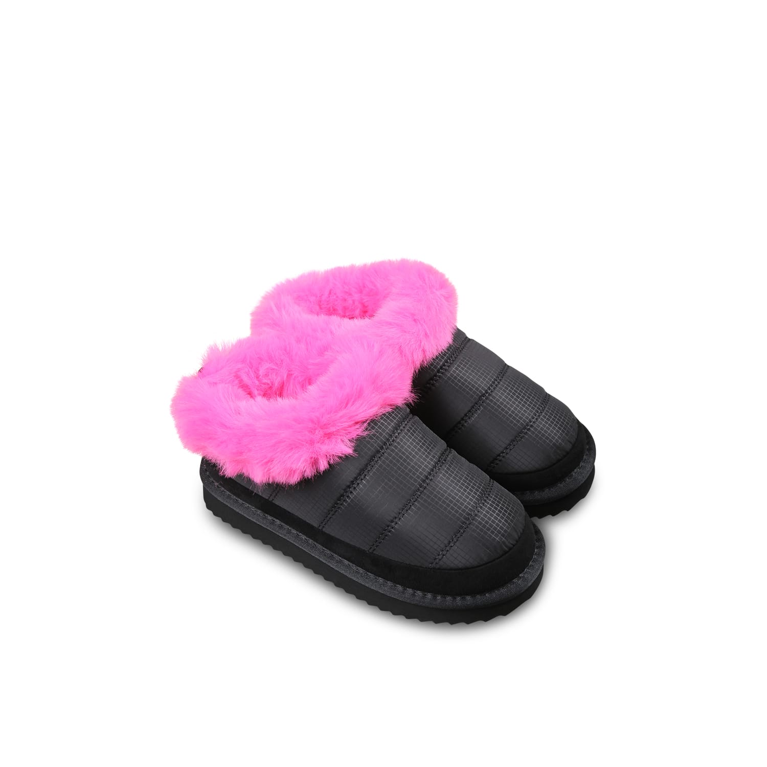 Monnalisa Technical Fabric And Plush Slip-ons In Black