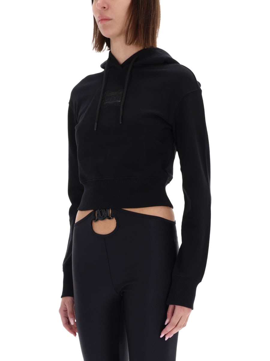 Versace Jeans Couture Cropped Sweatshirt With Baroque Logo Patch In Black
