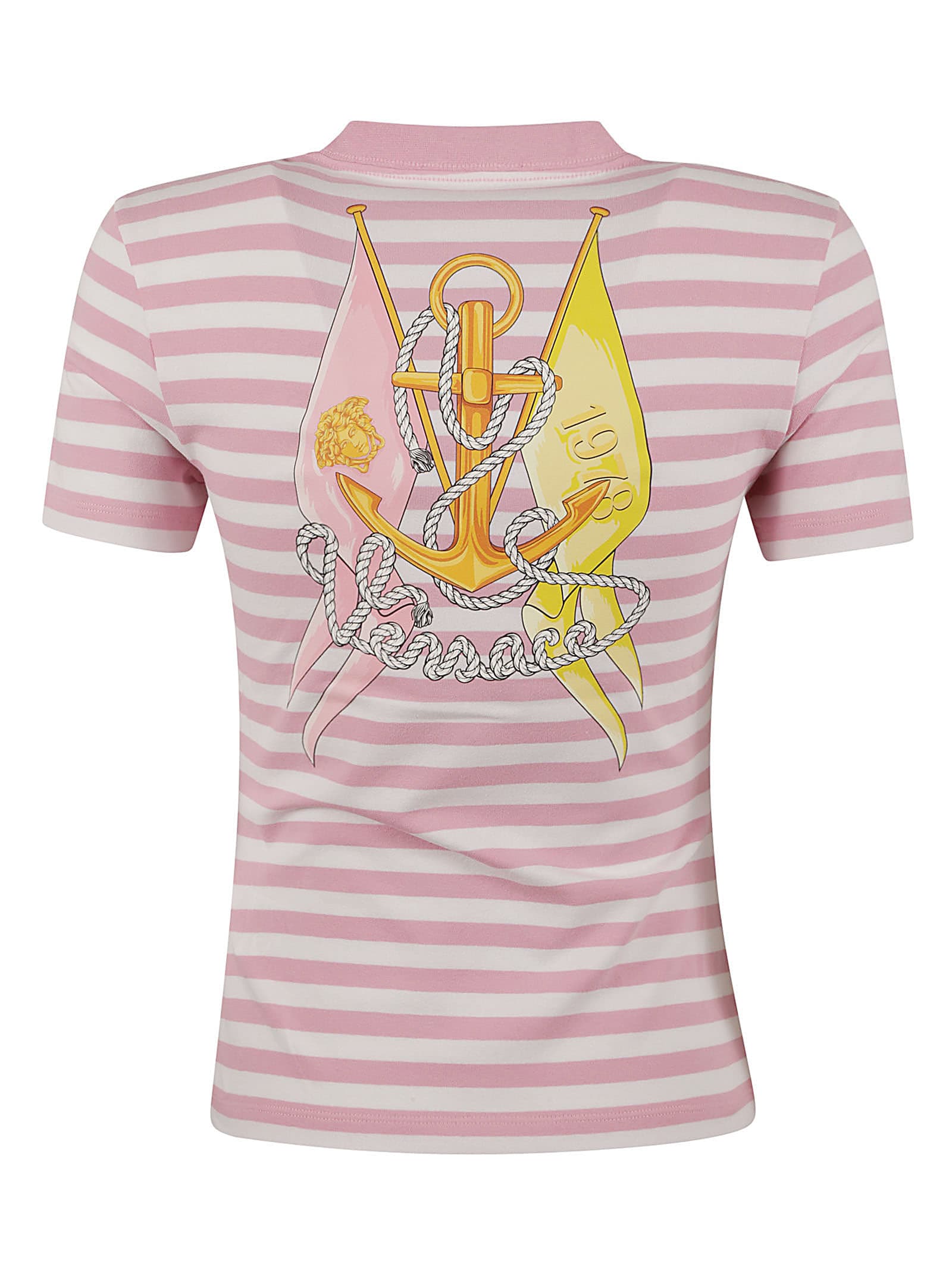 Shop Versace Stripe Logo T-shirt In White/pale Pink/multicolor