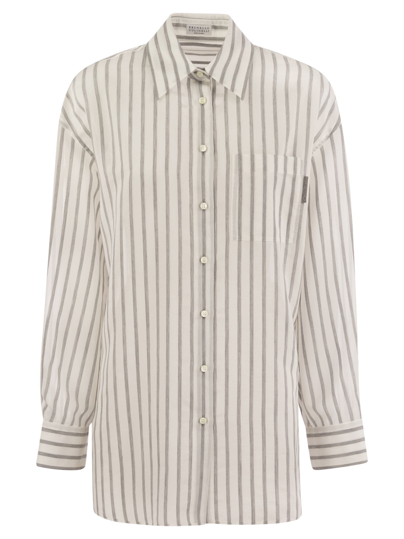 Brunello Cucinelli Cotton-silk Organza Stripe Shirt With Shiny Tab In White