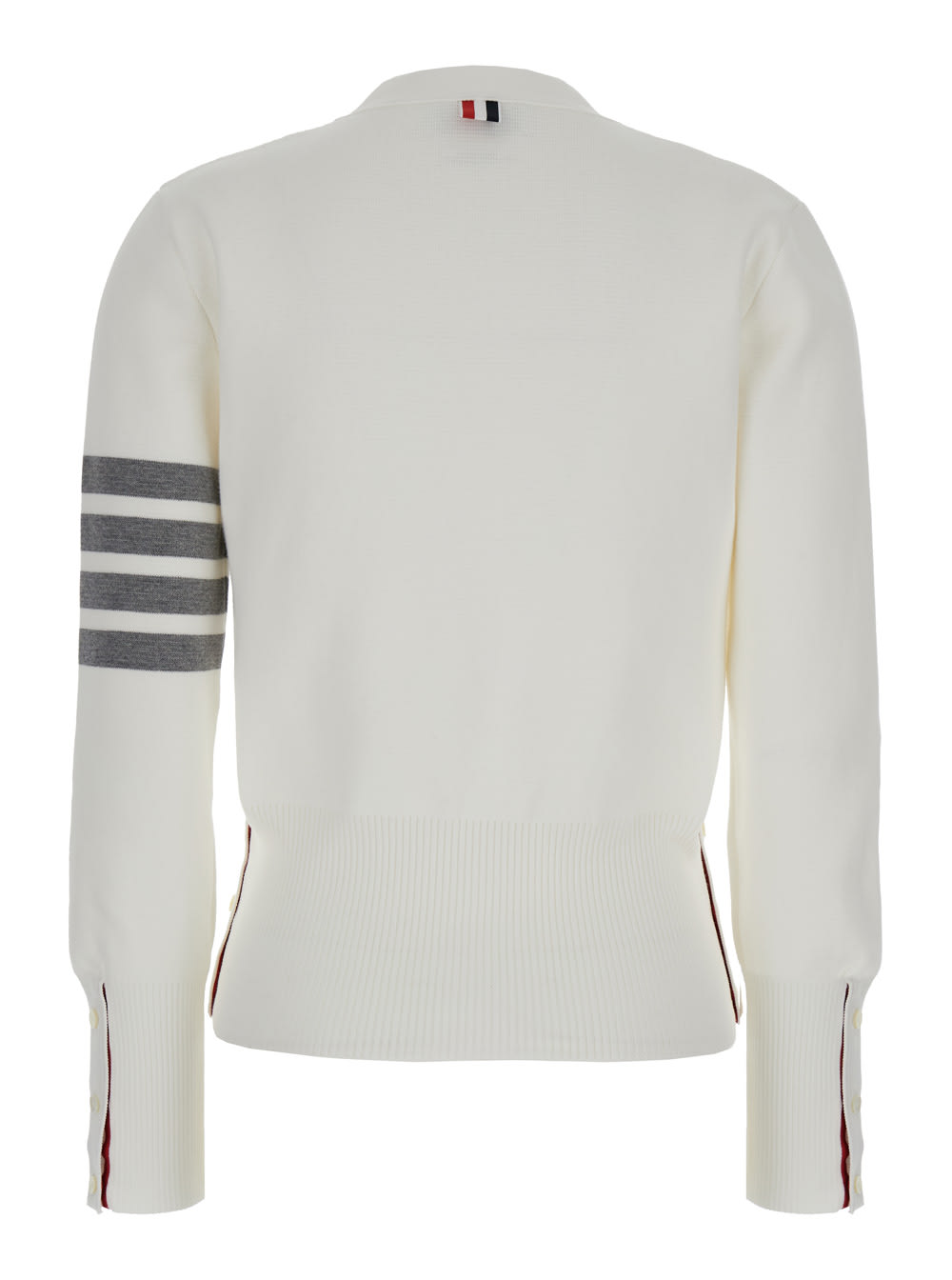Shop Thom Browne Milano Classic V Neck Cardigan W/ 4 Bar Stripe In Cotton Crepe In White