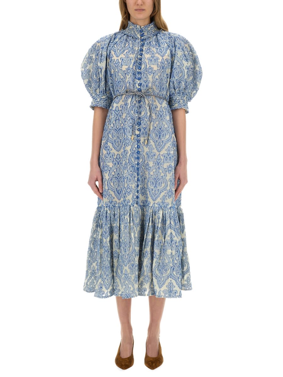 Zimmermann Wylie Belted Tiered Embroidered Cotton Midi Dress In Blue