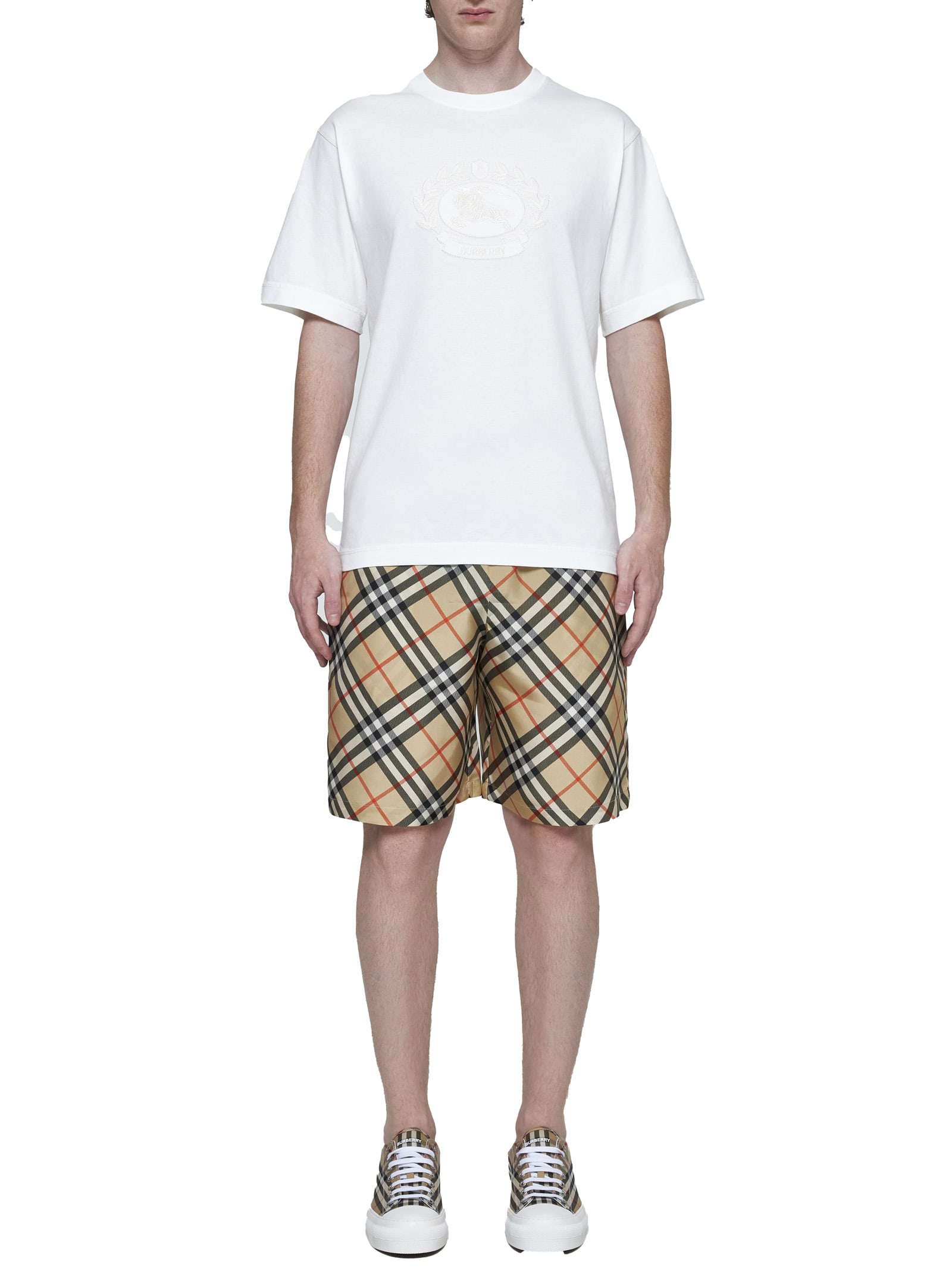 Burberry Drawstring Waistband Check Shorts With Embroidered Detail In Sandipcheck