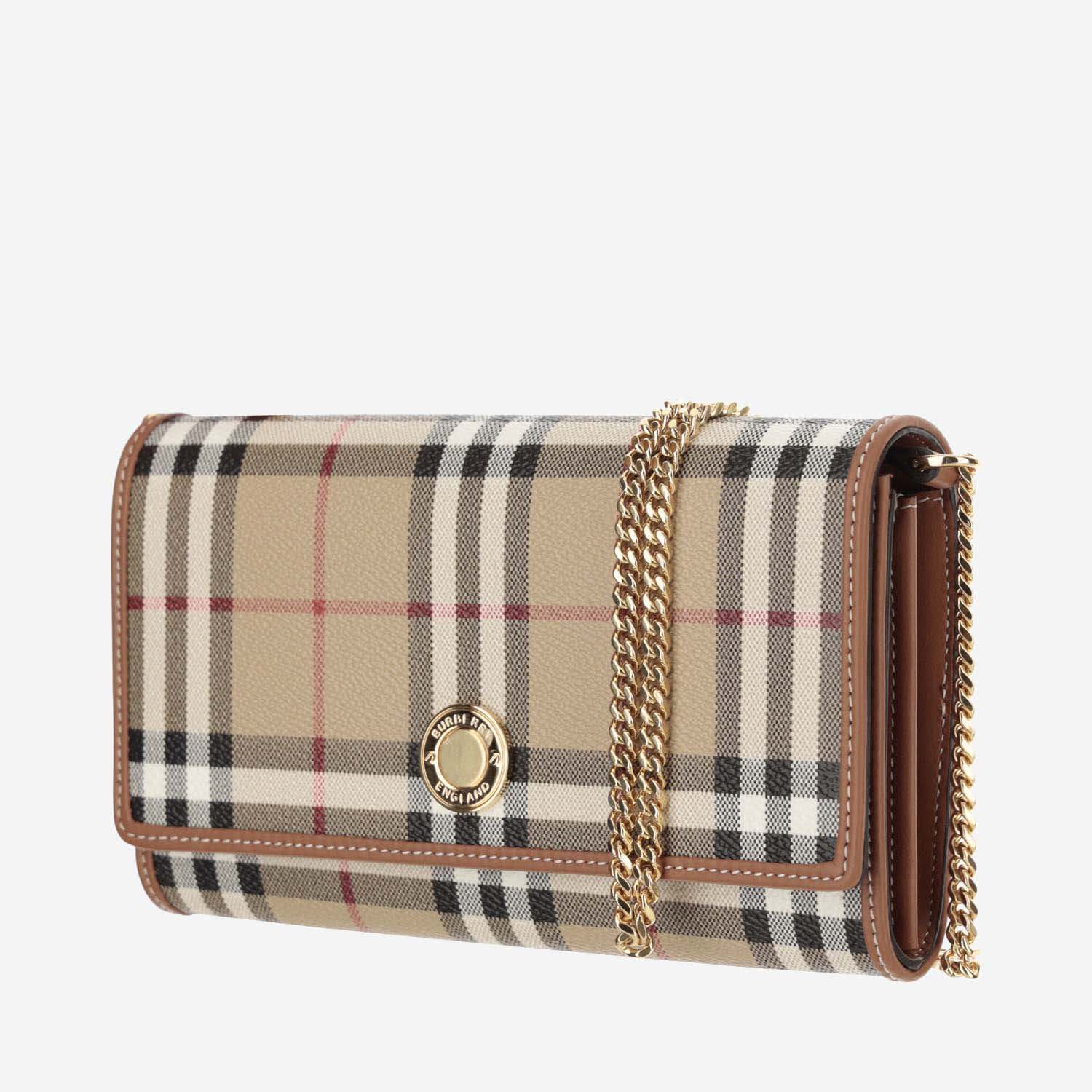 Shop Burberry Check Wallet With Chain Strap In Red