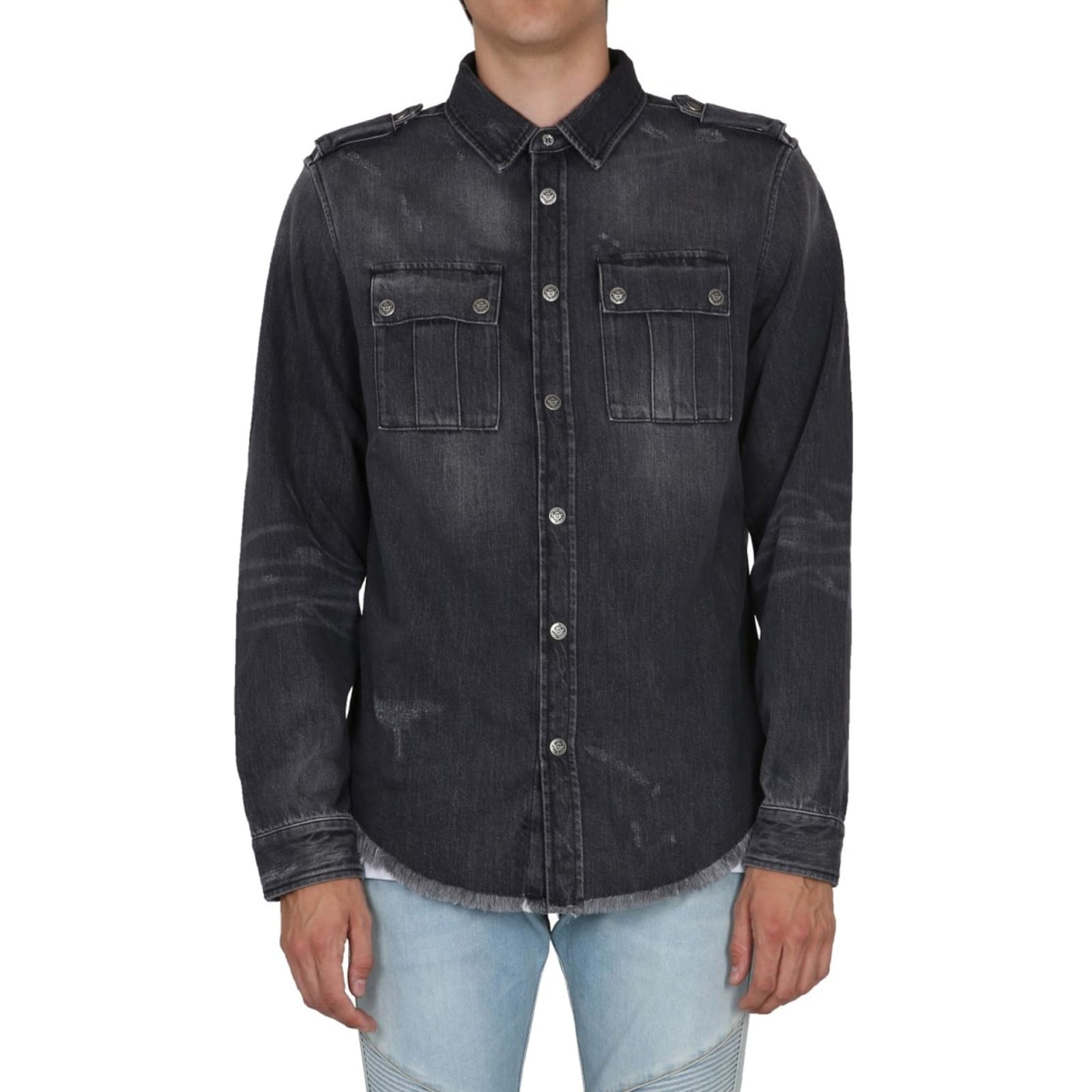 Shop Balmain Cotton Denim Shirt In Black