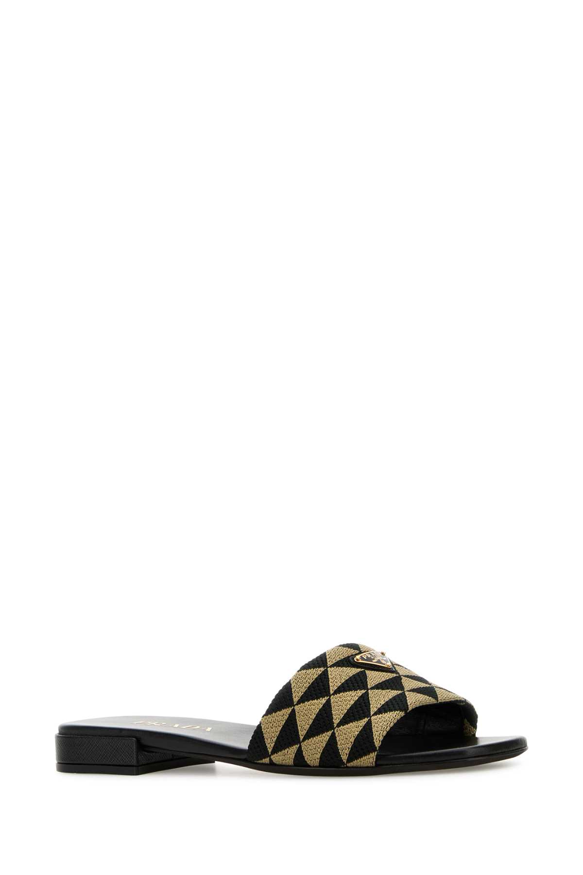 Prada Geometric Pattern Fabric Slippers With Flat Sole In Nero+corda