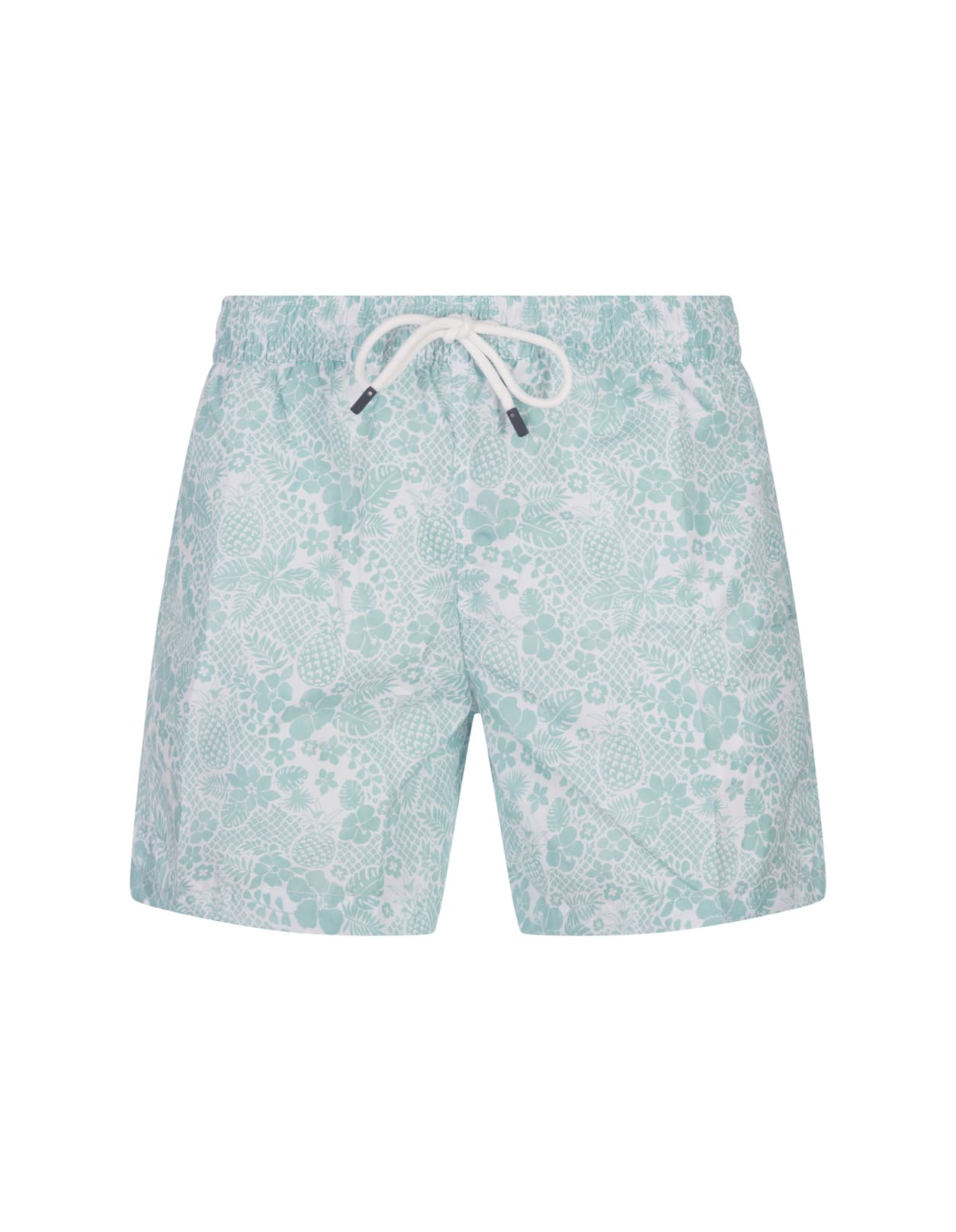 Shop Fedeli Aqua Green Swim Shorts With Tropical Pattern