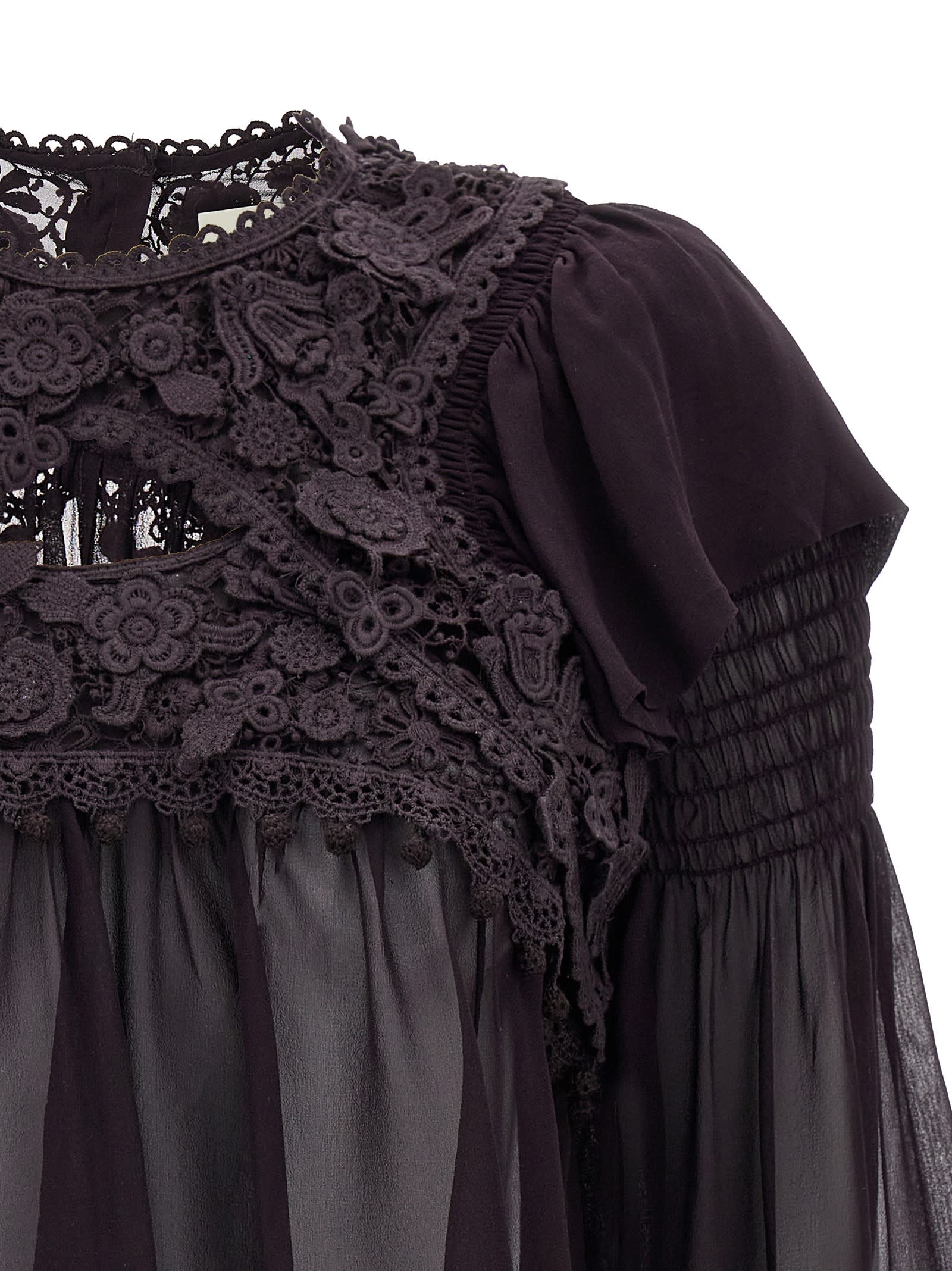 Isabel Marant 'puff Sleeves' Sheer Lace Top With Floral Embroidery In Black