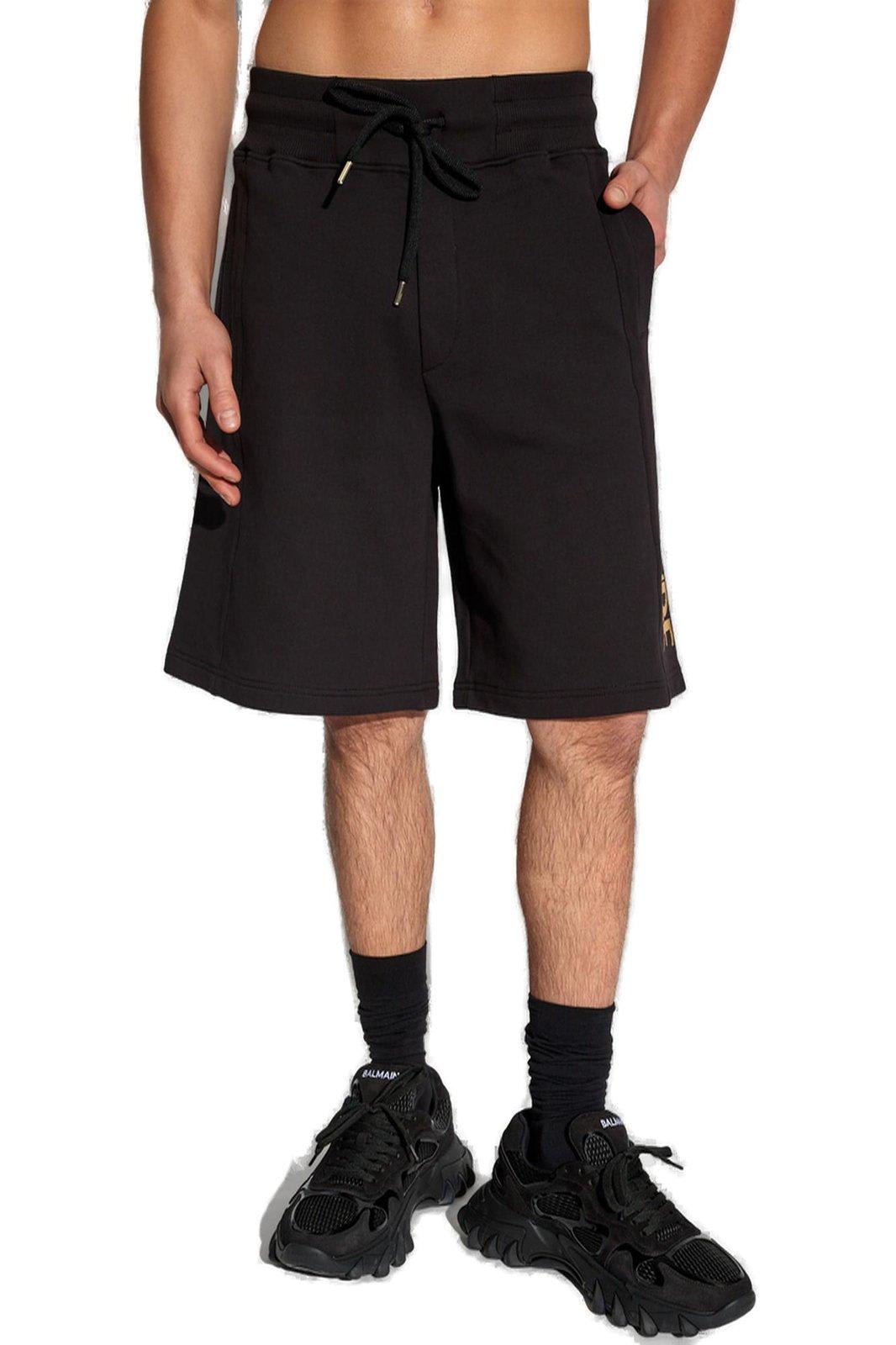 Shop Versace Jeans Couture Logo Printed Drawstring Shorts In Black