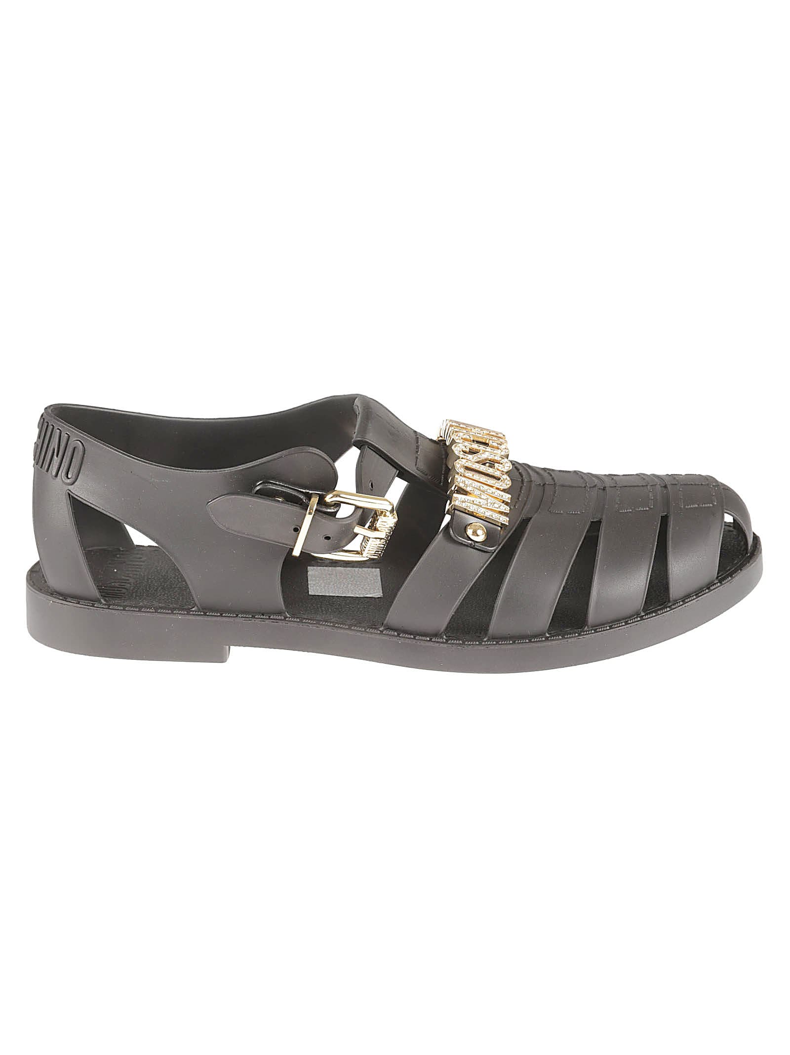 Moschino Lettering Logo Jelly Sandals In Black/gold