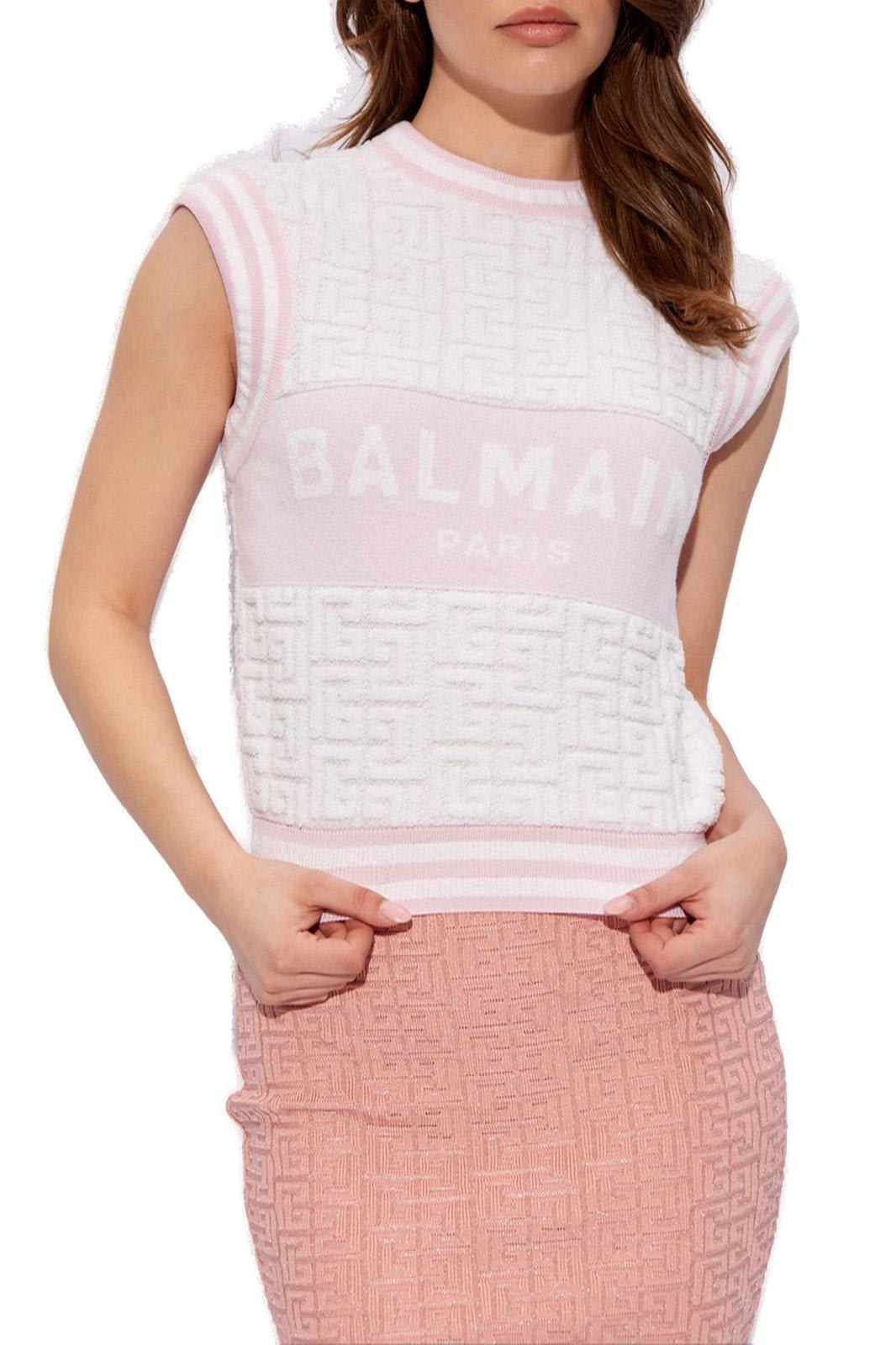 Shop Balmain Logo Monogrammed Sleeveless Vest In White