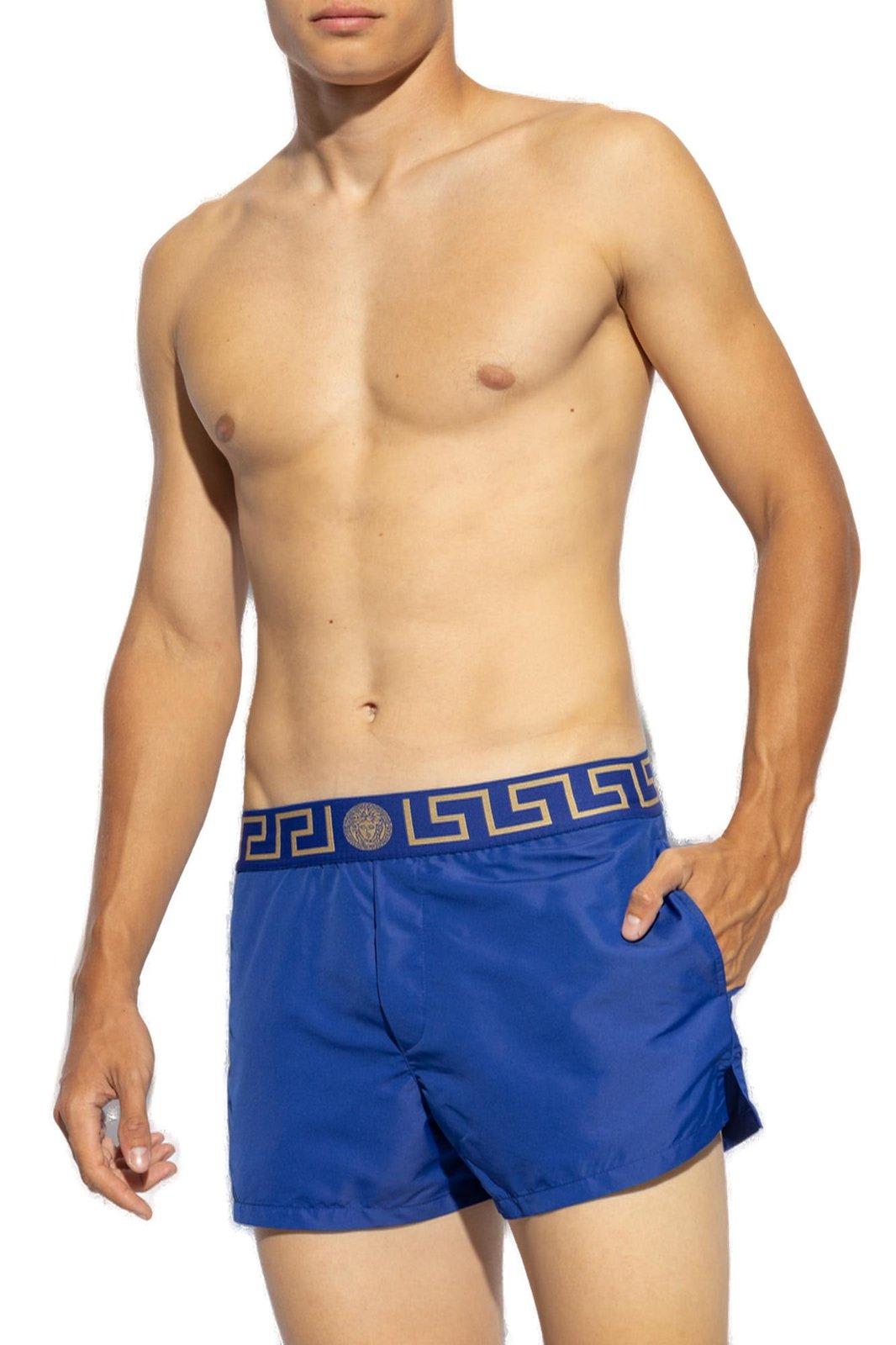 Versace Blue Swim Shorts With Elastic Waist With Greca Motif In Tech Fabric Man In Blue