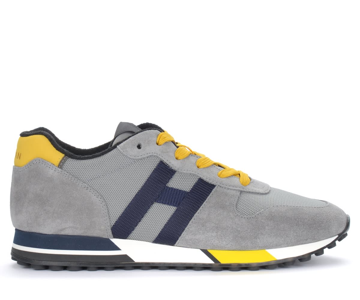 Hogan H383 Sneaker In Grey And Yellow Suede And Mesh