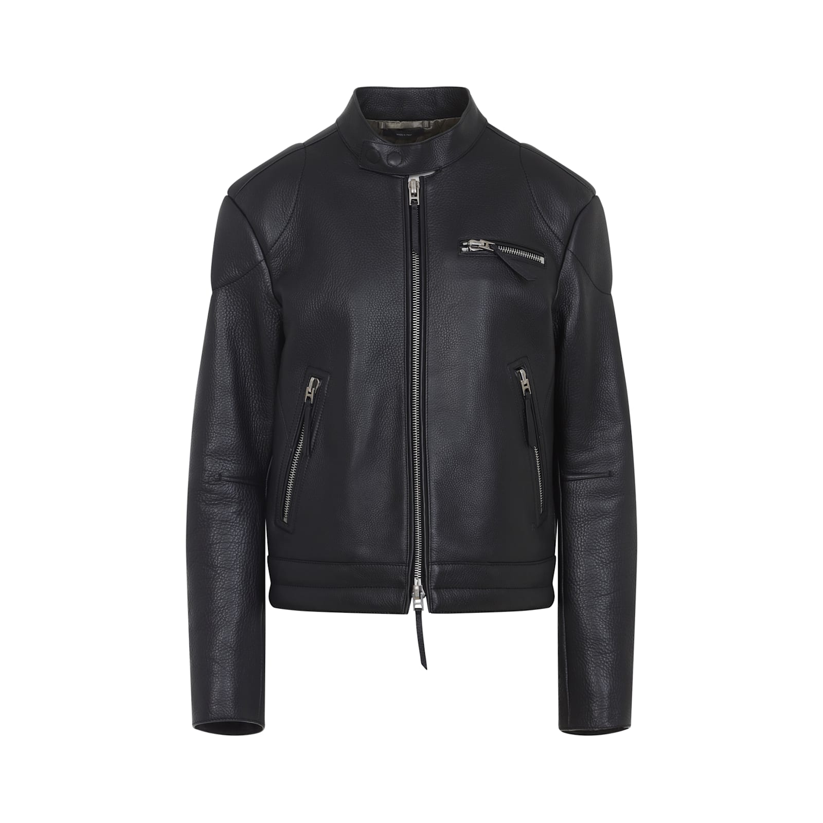 Tom Ford Fitted Black Leather Jacket With Stand Collar And Zippered Cuffs In Blue