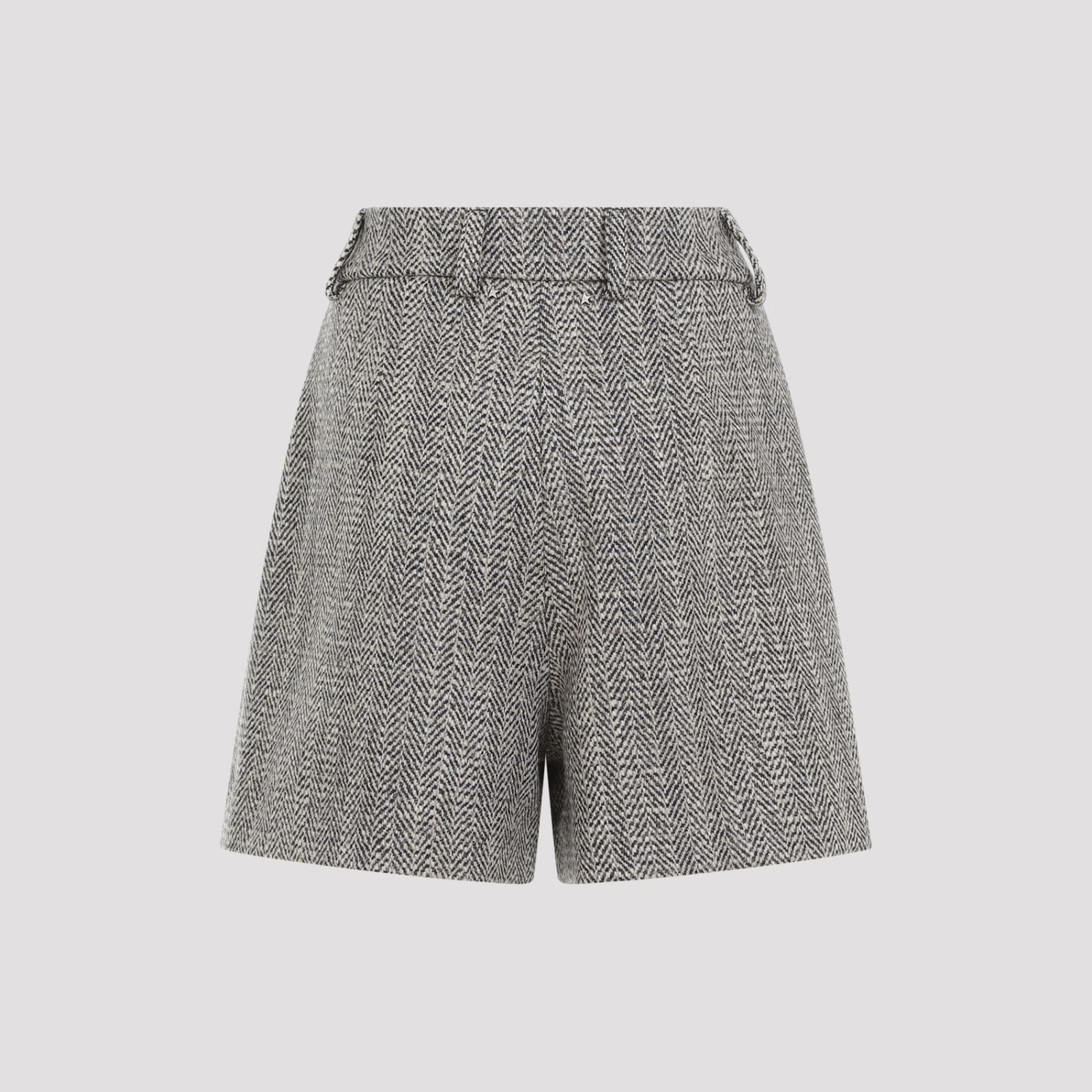 Shop Golden Goose Herringbone Pleated Short Pants In Midnight Ecru