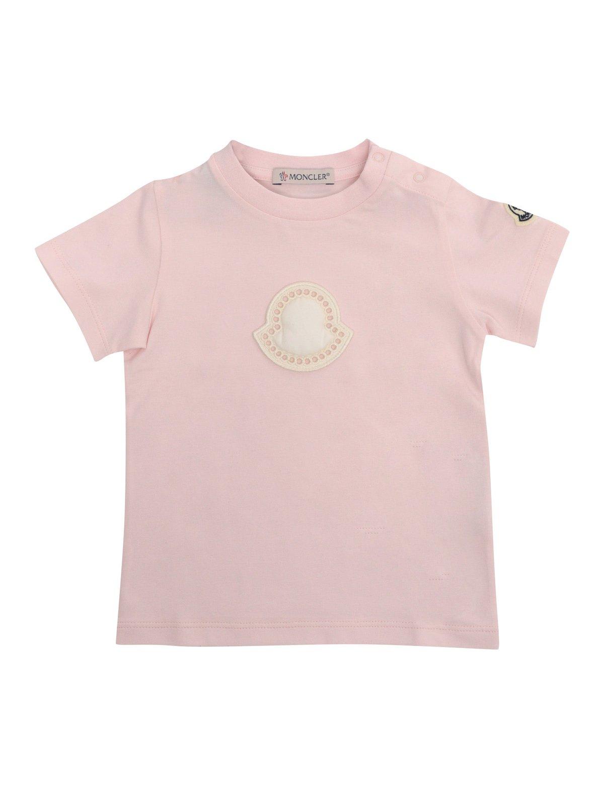 Moncler Kids' Logo Patch Crewneck T-shirt In Pink