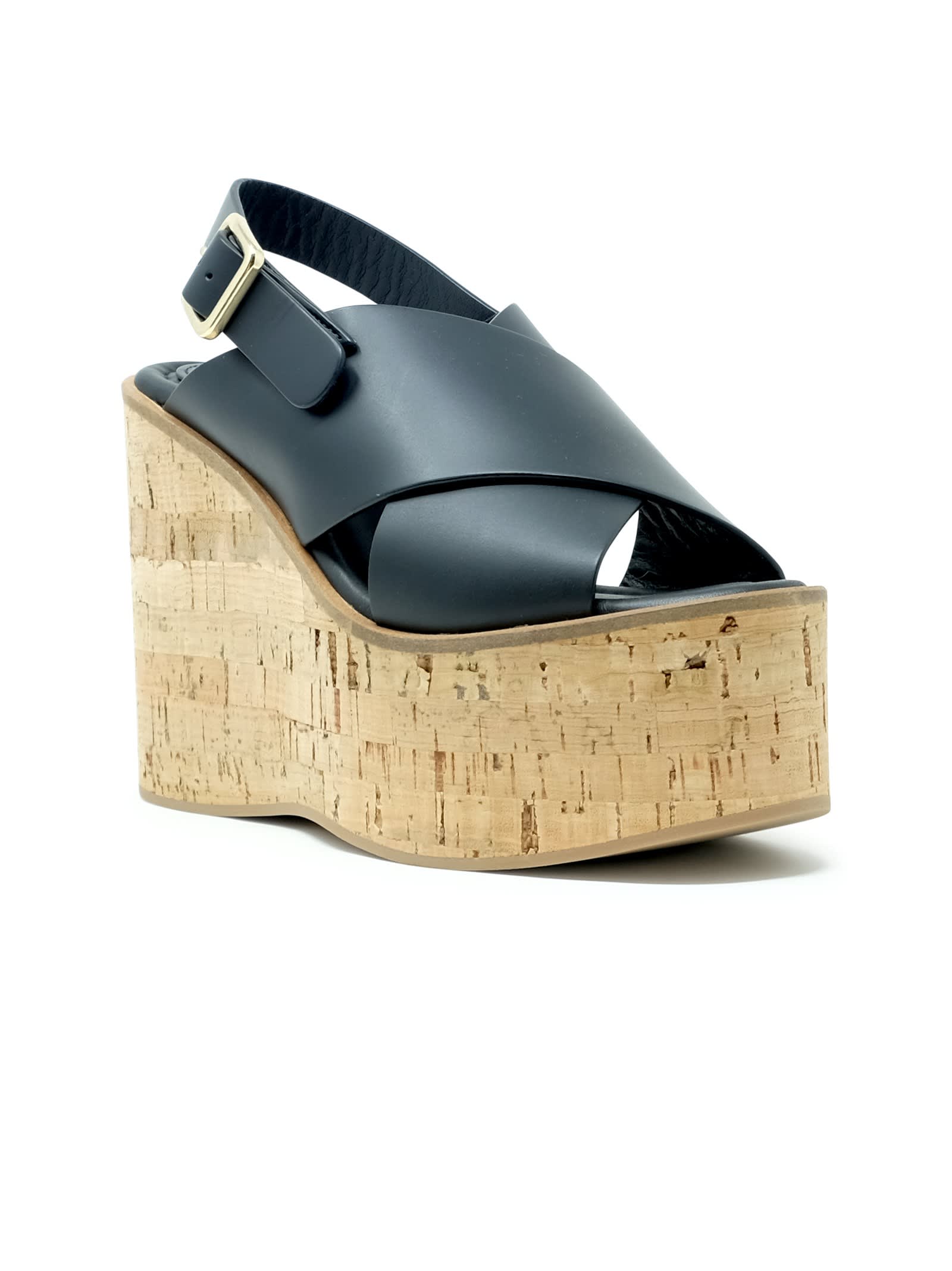 Paloma Barceló Paloma Barcelo Black Leather Begonia Wedge Sandals
