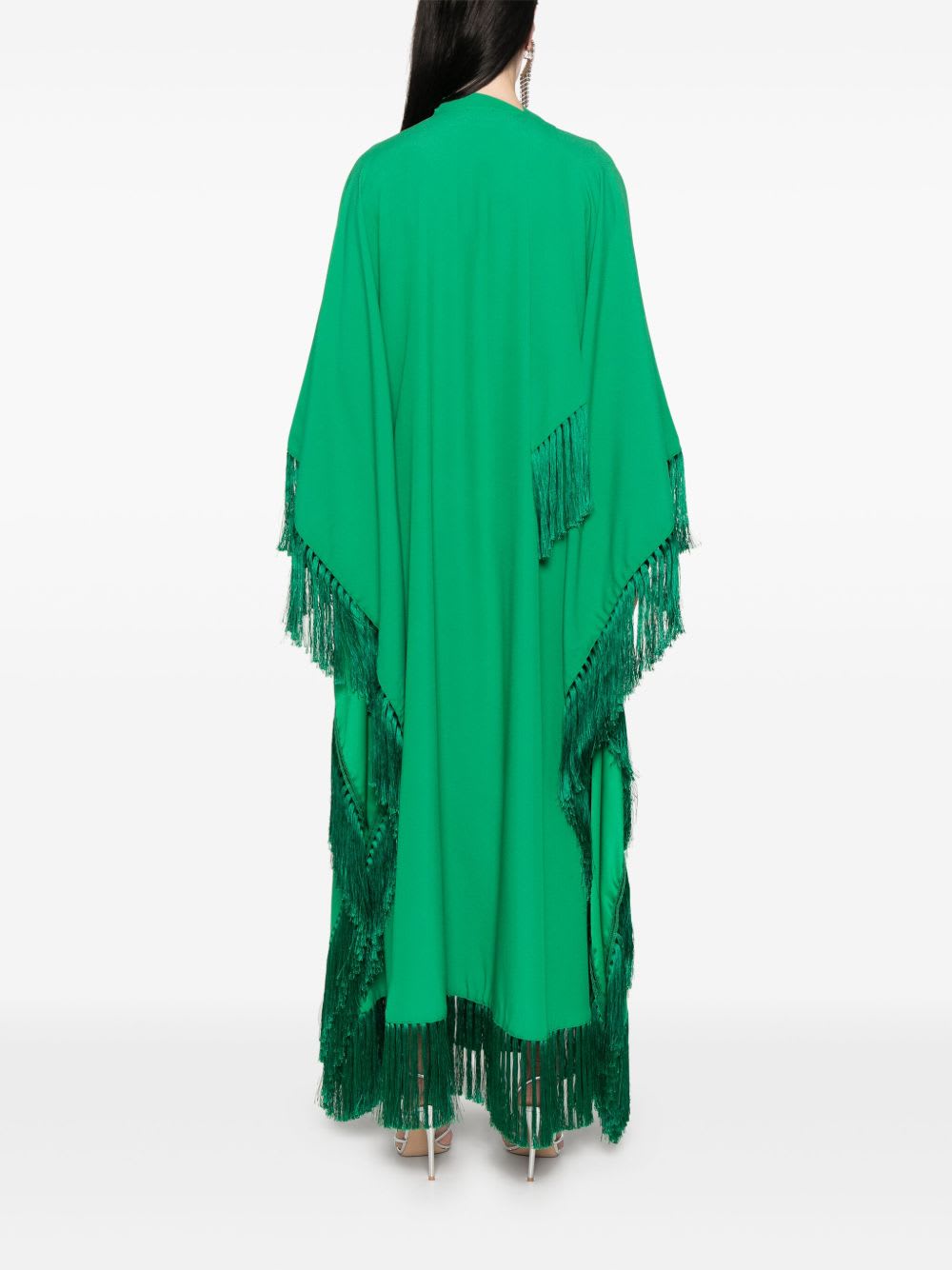 Taller Marmo Long Kaftan With Fringed Edge And Attached Scarf In Green