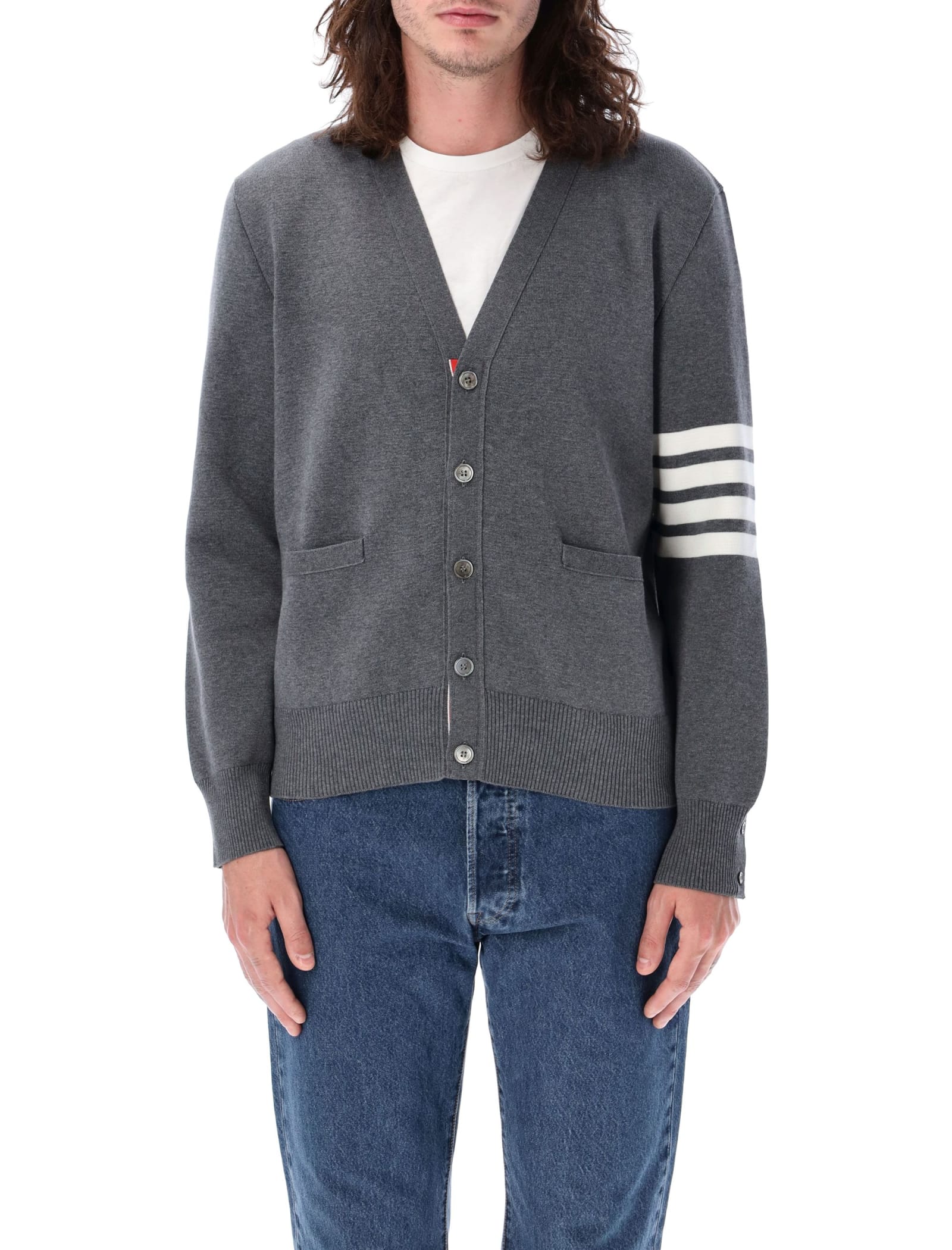 Shop Thom Browne Milano Stitch V Neck Cardigan In Cotton In Med Grey