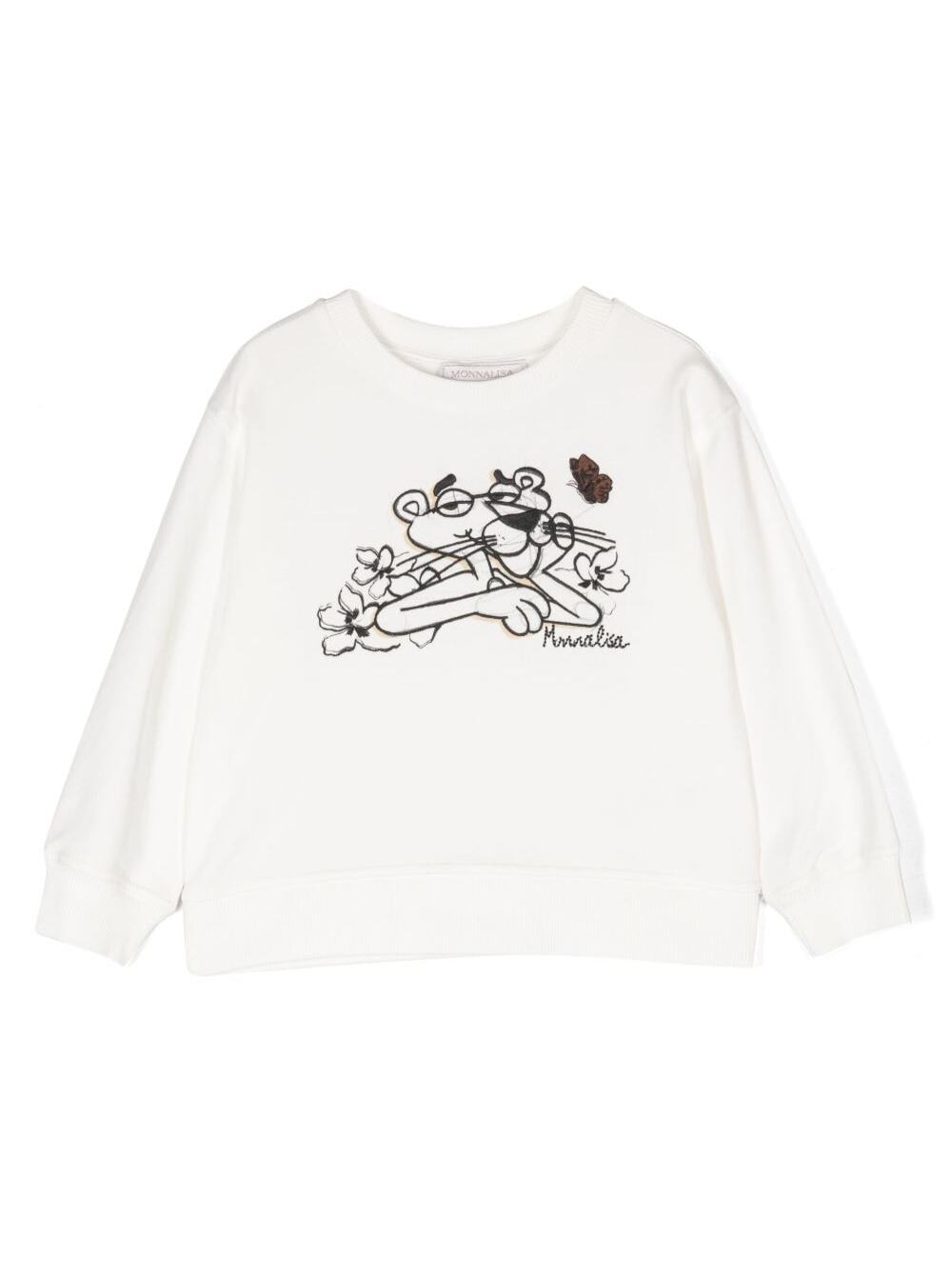 Monnalisa Panther Printed Cotton Blend Sweatshirt In Cream